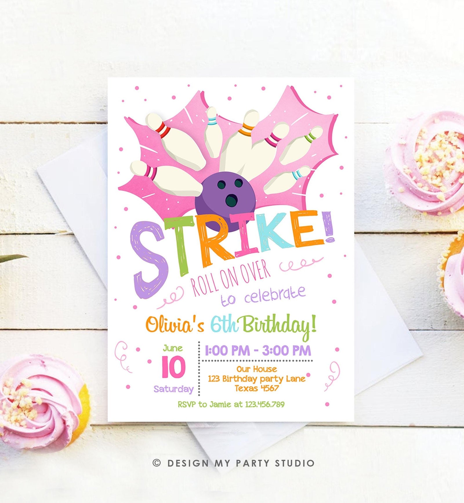Editable Bowling Birthday Party Invitation Girl Pink Purple Bowling Party Strike Kids Download Printable Invitation Template Evite 0081
