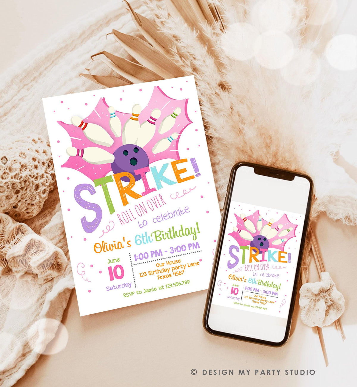 Editable Bowling Birthday Party Invitation Girl Pink Purple Bowling Party Strike Kids Download Printable Invitation Template Evite 0081