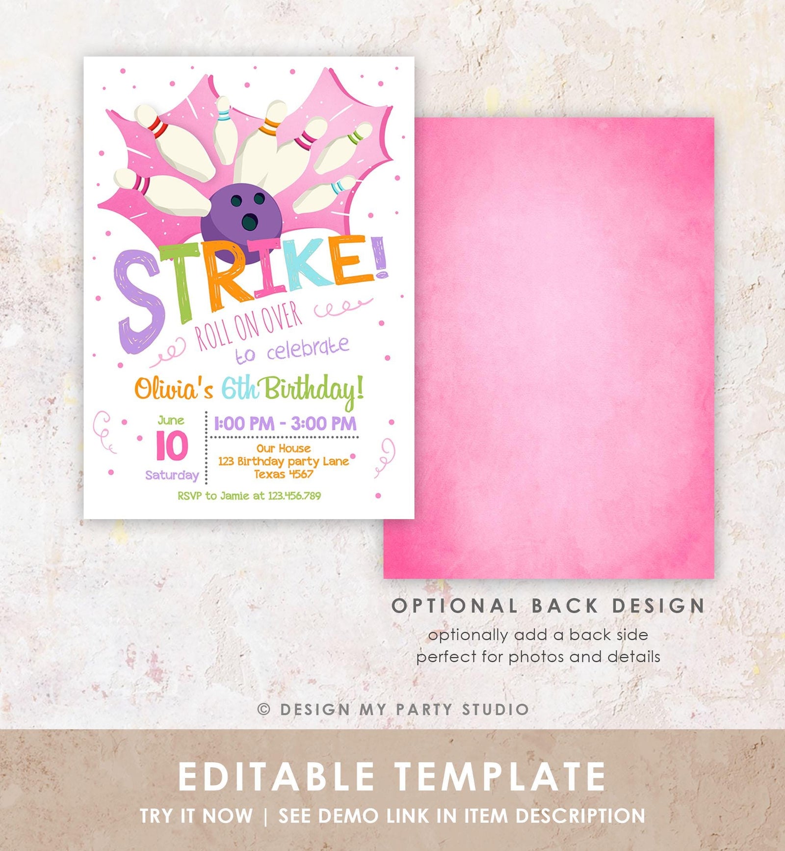 Editable Bowling Birthday Party Invitation Girl Pink Purple Bowling Party Strike Kids Download Printable Invitation Template Evite 0081