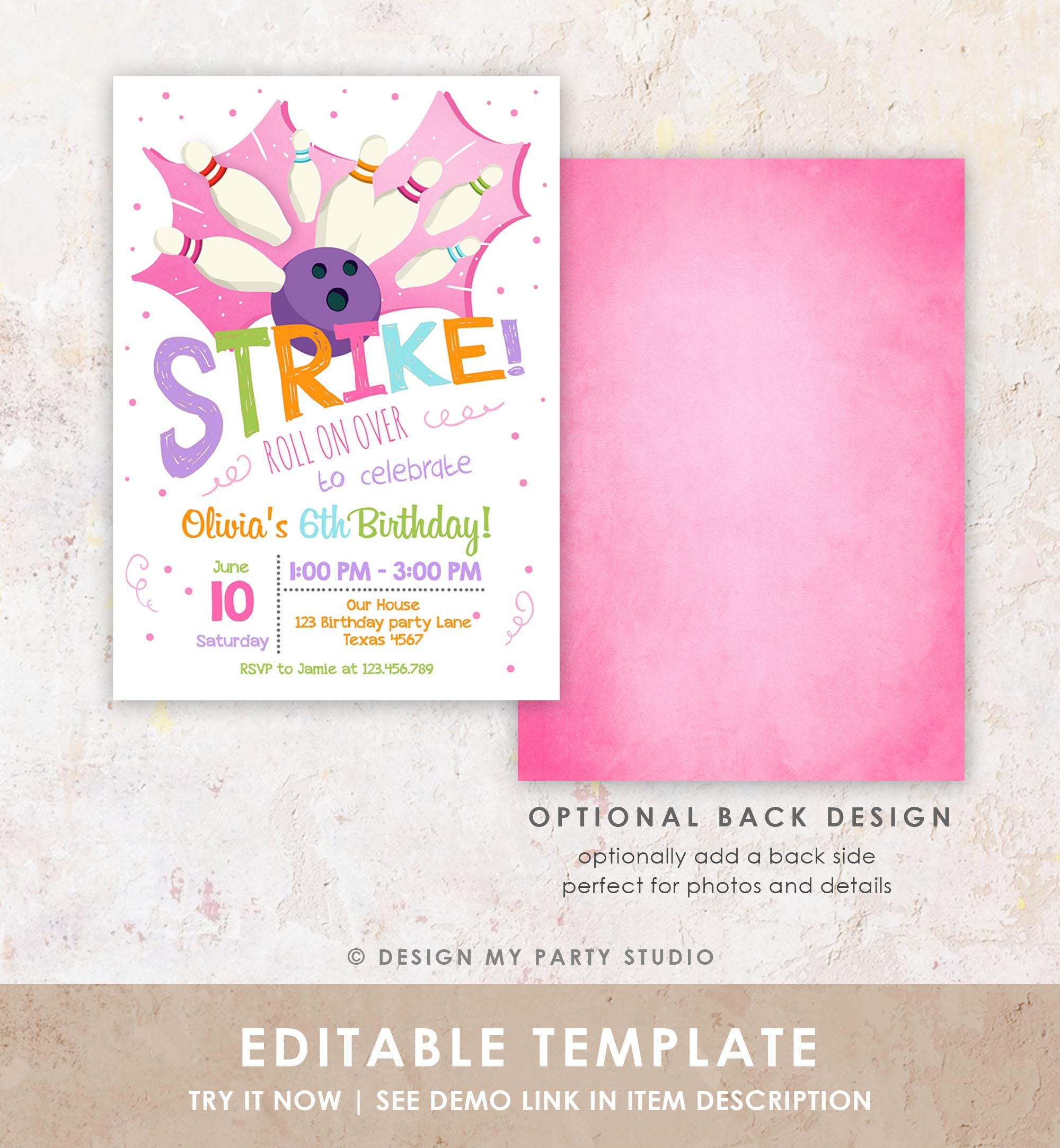 Editable Bowling Birthday Party Invitation Girl Pink Purple Bowling Party Strike Kids Download Printable Invitation Template Evite 0081