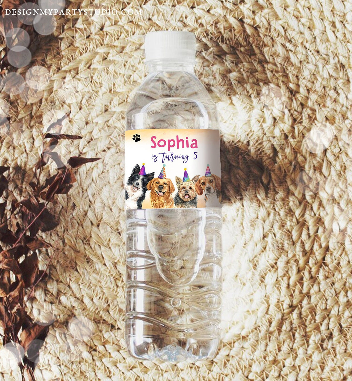 Editable Dog Water Bottle Label Dog Birthday Puppy Party Doggy Pet Vet Pawty Birthday Decor Girl Printable Bottle Wrap Template Digital 0460