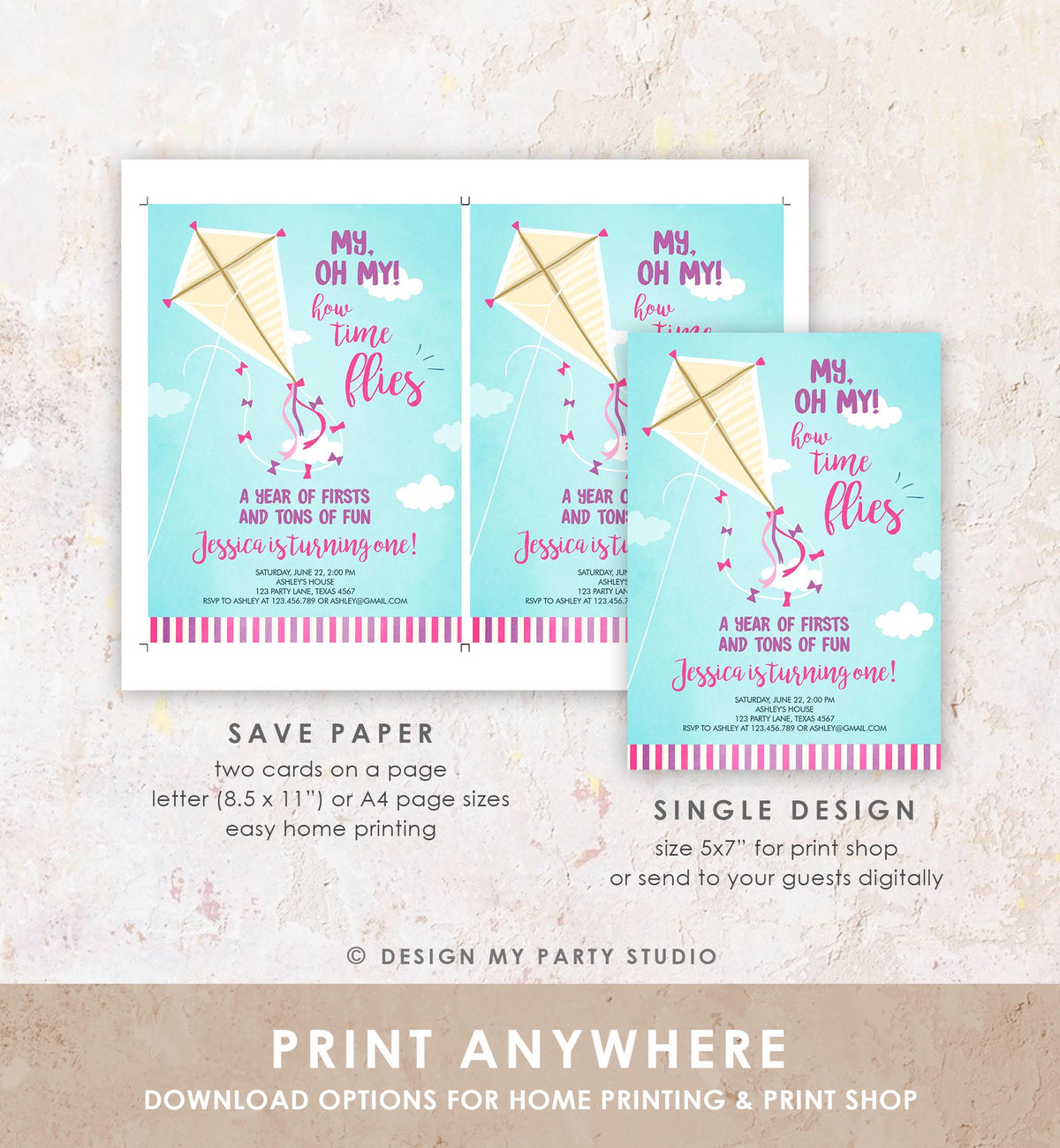 Editable Kite Birthday Invitation Oh My Time Flies First Birthday Girl Pink Park 1st Birthday Invite Download Printable Evite Template 0316