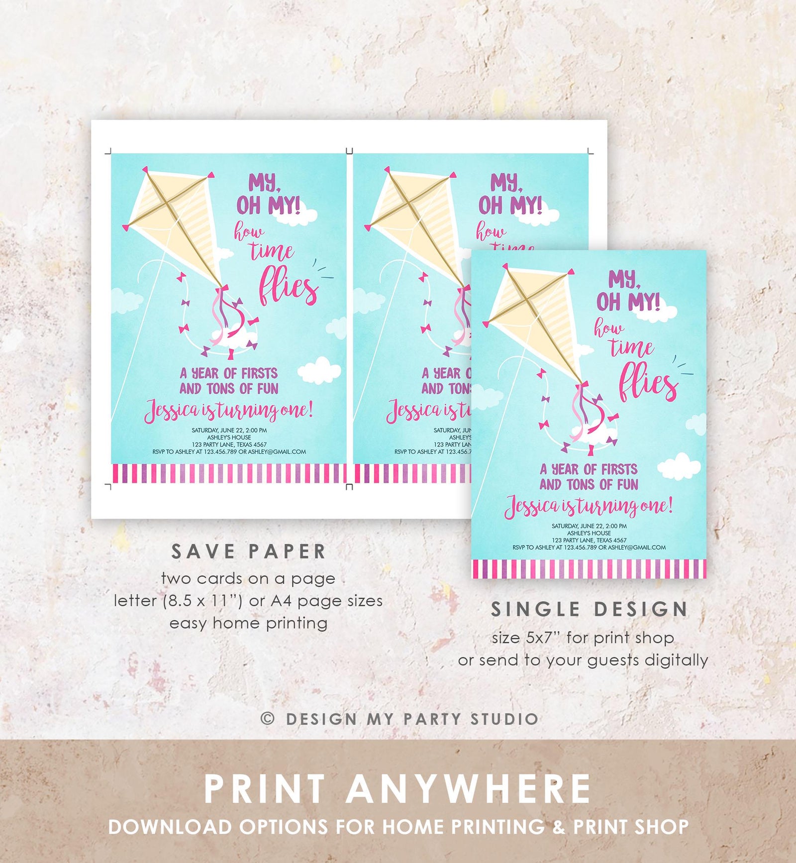 Editable Kite Birthday Invitation Oh My Time Flies First Birthday Girl Pink Park 1st Birthday Invite Download Printable Evite Template 0316