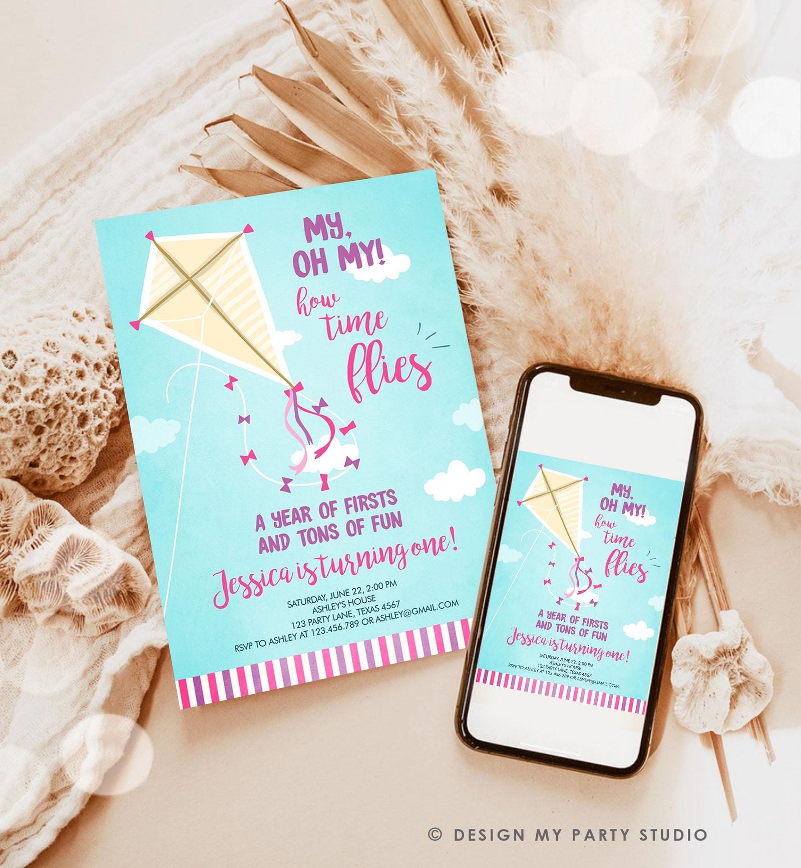 Editable Kite Birthday Invitation Oh My Time Flies First Birthday Girl Pink Park 1st Birthday Invite Download Printable Evite Template 0316
