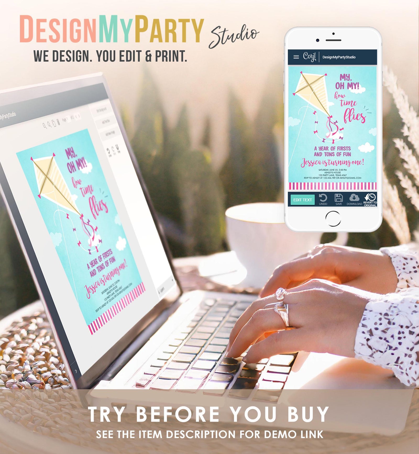 Editable Kite Birthday Invitation Oh My Time Flies First Birthday Girl Pink Park 1st Birthday Invite Download Printable Evite Template 0316