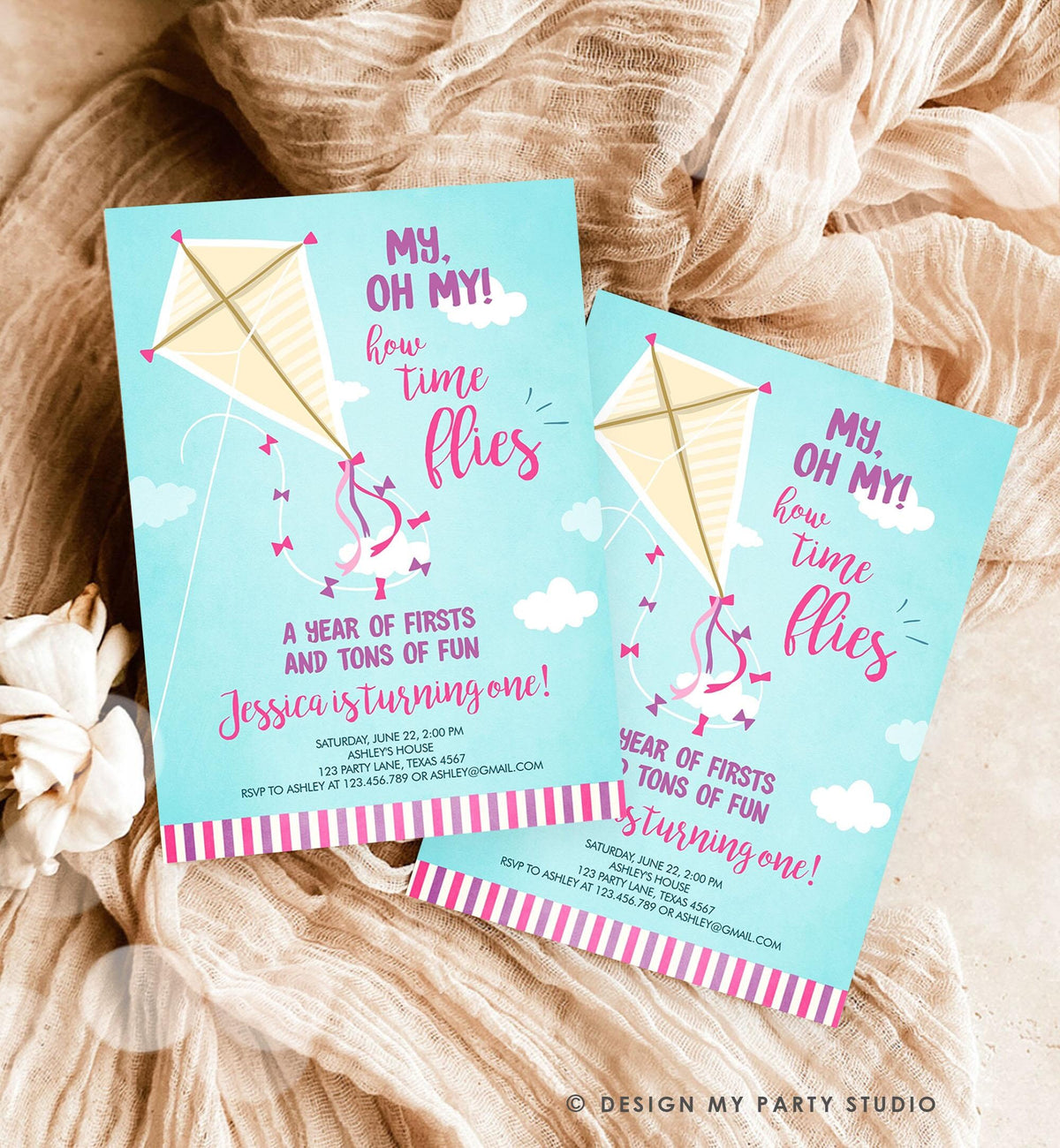 Editable Kite Birthday Invitation Oh My Time Flies First Birthday Girl Pink Park 1st Birthday Invite Download Printable Evite Template 0316