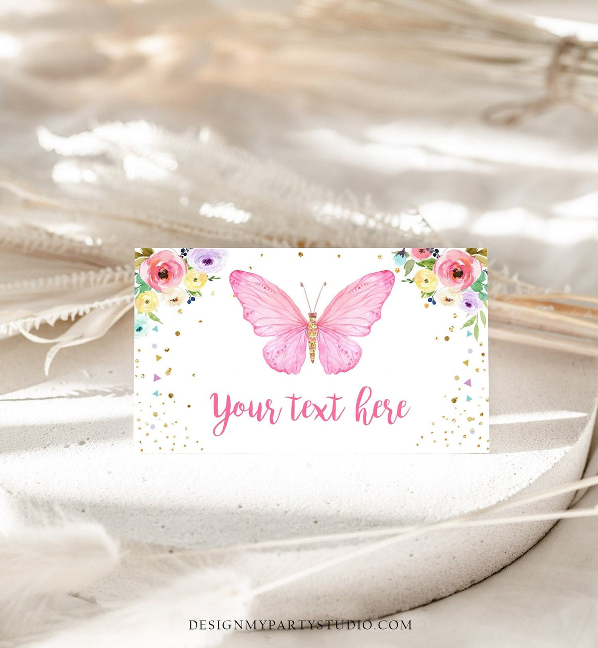 Editable Butterfly Birthday Food Label Floral Butterfly Food Cards Tent Card Girl Pink Gold Buffet Label Whimsical Template Digital 0162