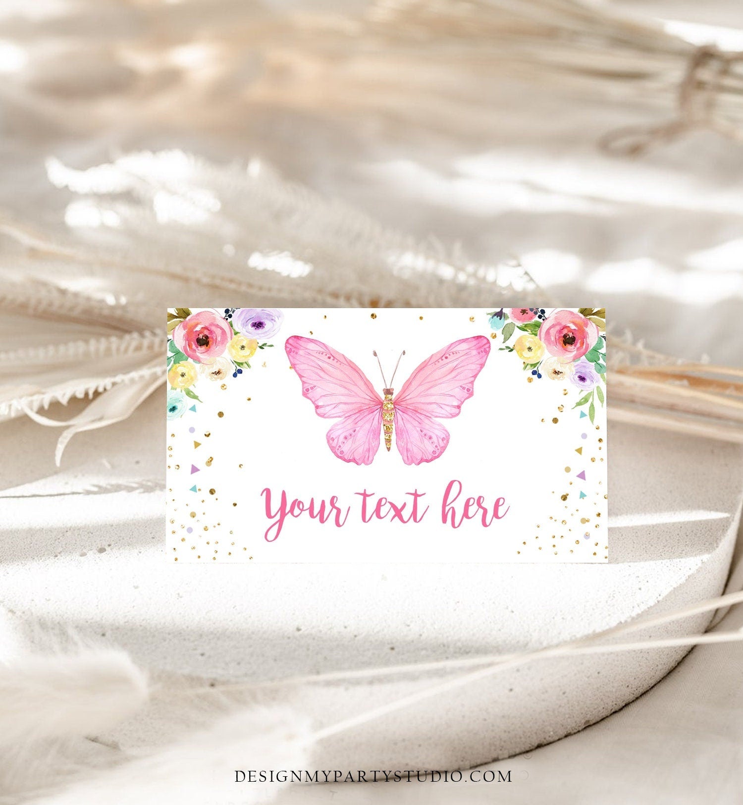 Editable Butterfly Birthday Food Label Floral Butterfly Food Cards Tent Card Girl Pink Gold Buffet Label Whimsical Template Digital 0162