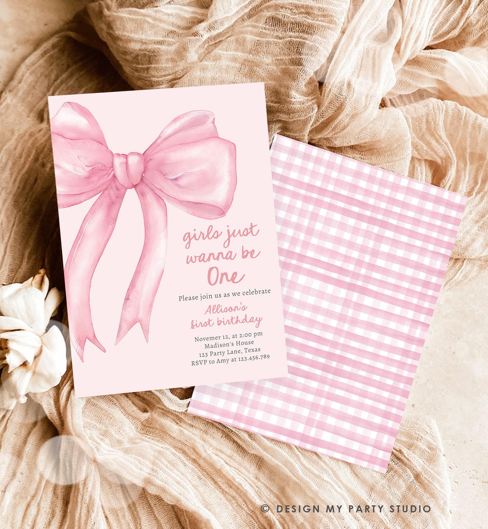 Editable Girls Just Wanna Be One Birthday Invitation Pink Bow 1st Birthday First Preppy Coquette Bow Evite Template Digital Download 0527