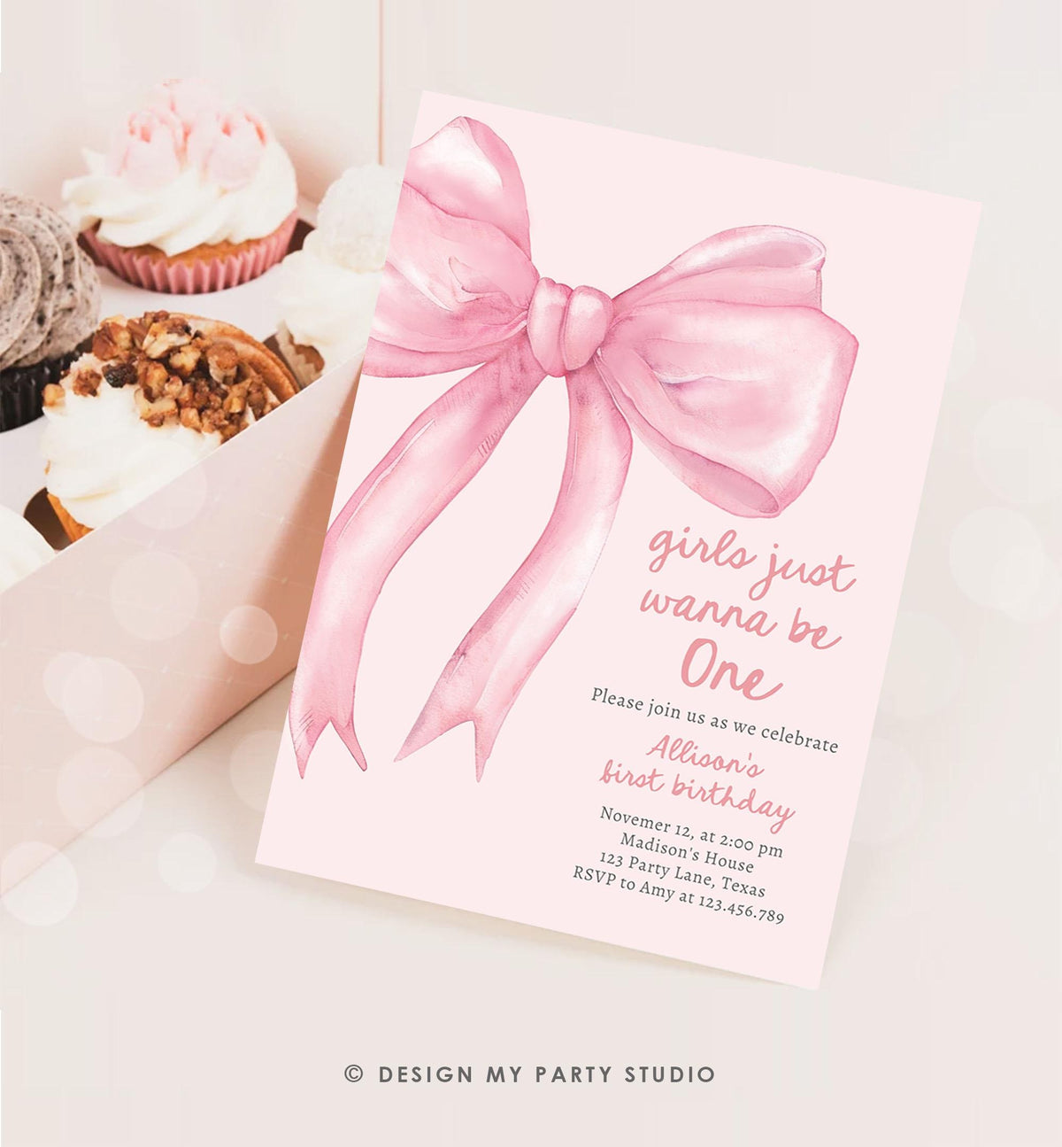 Editable Girls Just Wanna Be One Birthday Invitation Pink Bow 1st Birthday First Preppy Coquette Bow Evite Template Digital Download 0527