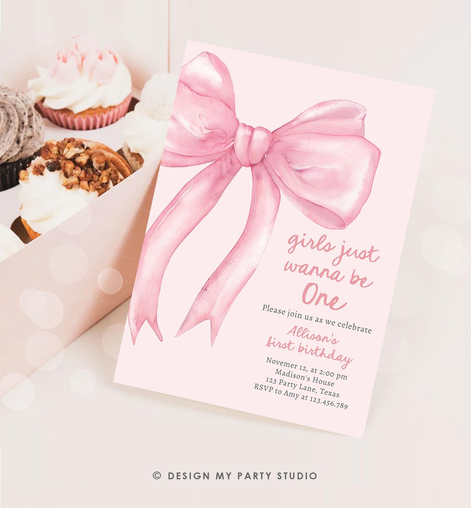 Editable Girls Just Wanna Be One Birthday Invitation Pink Bow 1st Birthday First Preppy Coquette Bow Evite Template Digital Download 0527