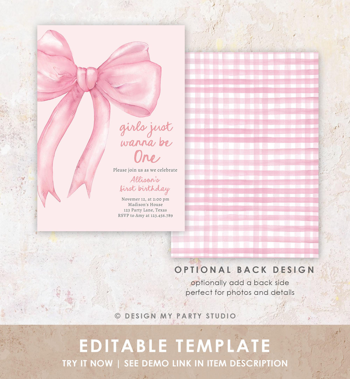 Editable Girls Just Wanna Be One Birthday Invitation Pink Bow 1st Birthday First Preppy Coquette Bow Evite Template Digital Download 0527