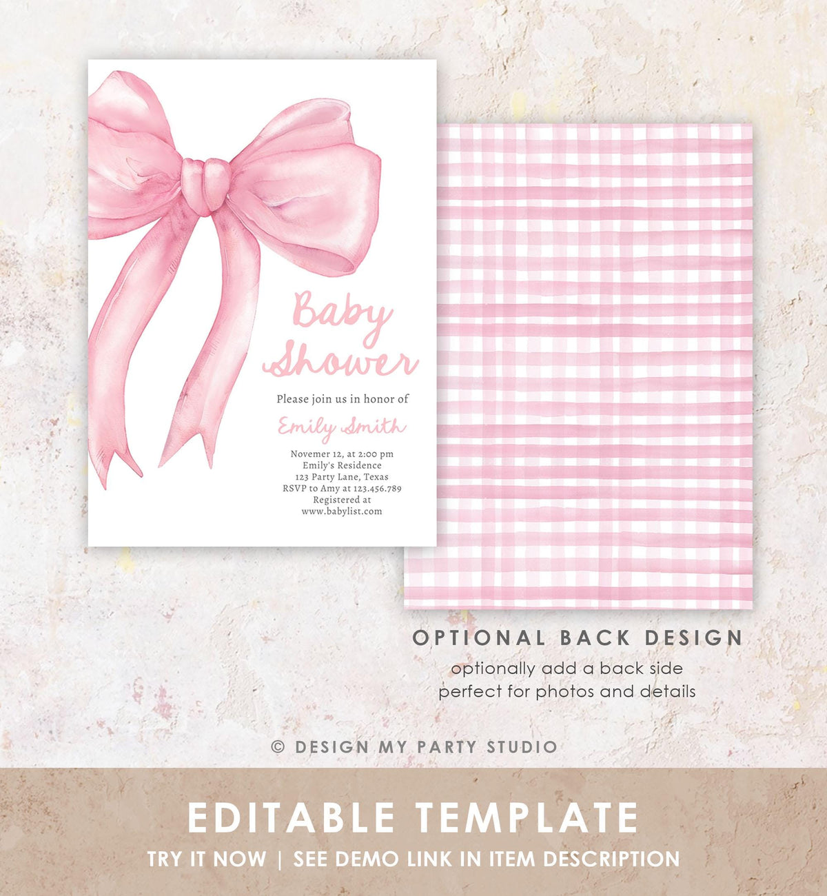 Editable Blush Pink Bow Baby Shower Invitation Girl Coquette Baby Shower Invite Preppy Minimalist Template Digital Download Evite 0527