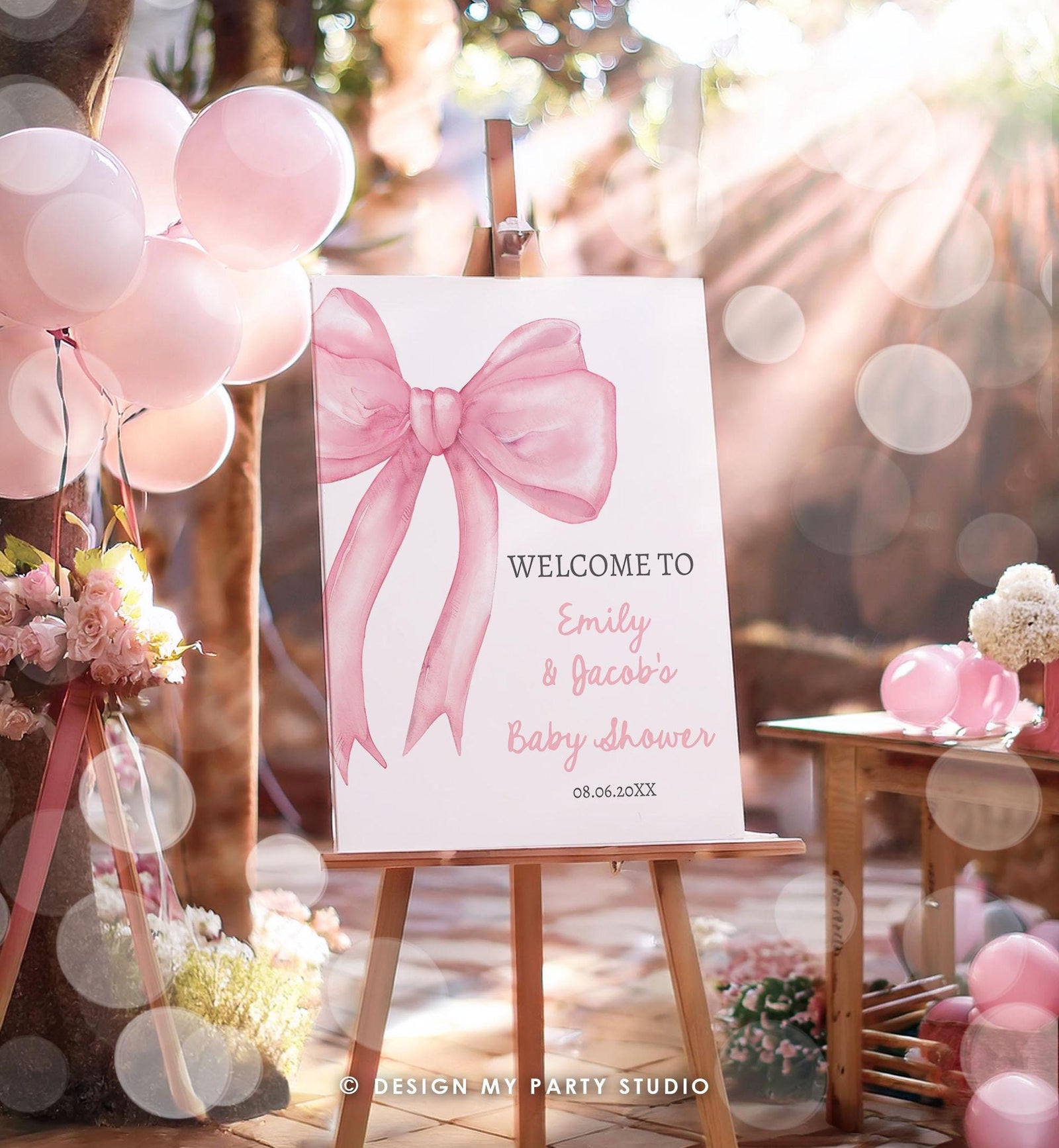 Editable Pink Bow Welcome Sign Baby Shower Girl Blush Pink Coquette Preppy Minimalist Ribbon 1st Birthday Digital Template Printable 0527