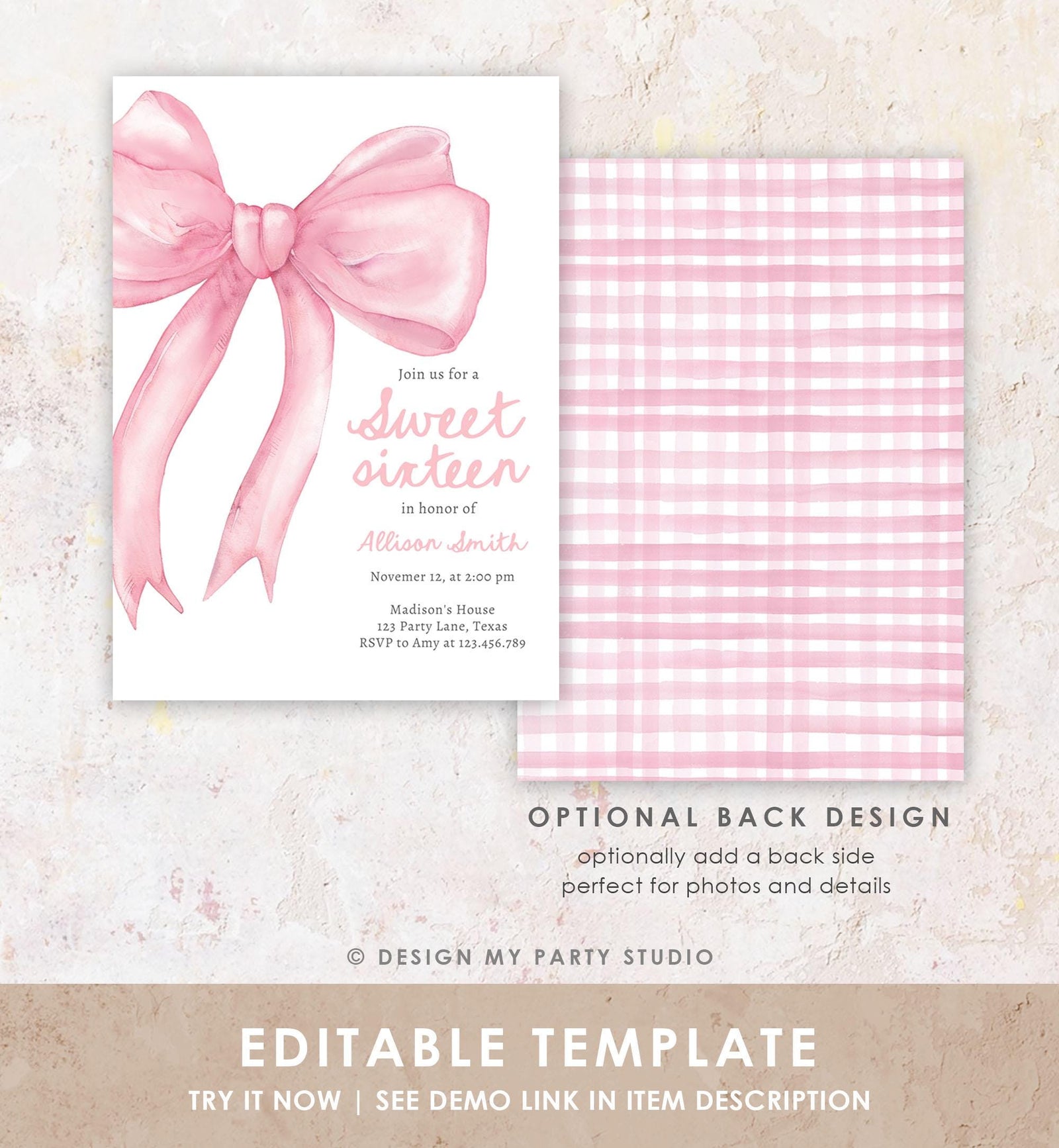 Editable Pink Bow Sweet Sixteen Birthday Invitation Elegant 16th Birthday Preppy Coquette Bow Teen Evite Template Digital Download 0527