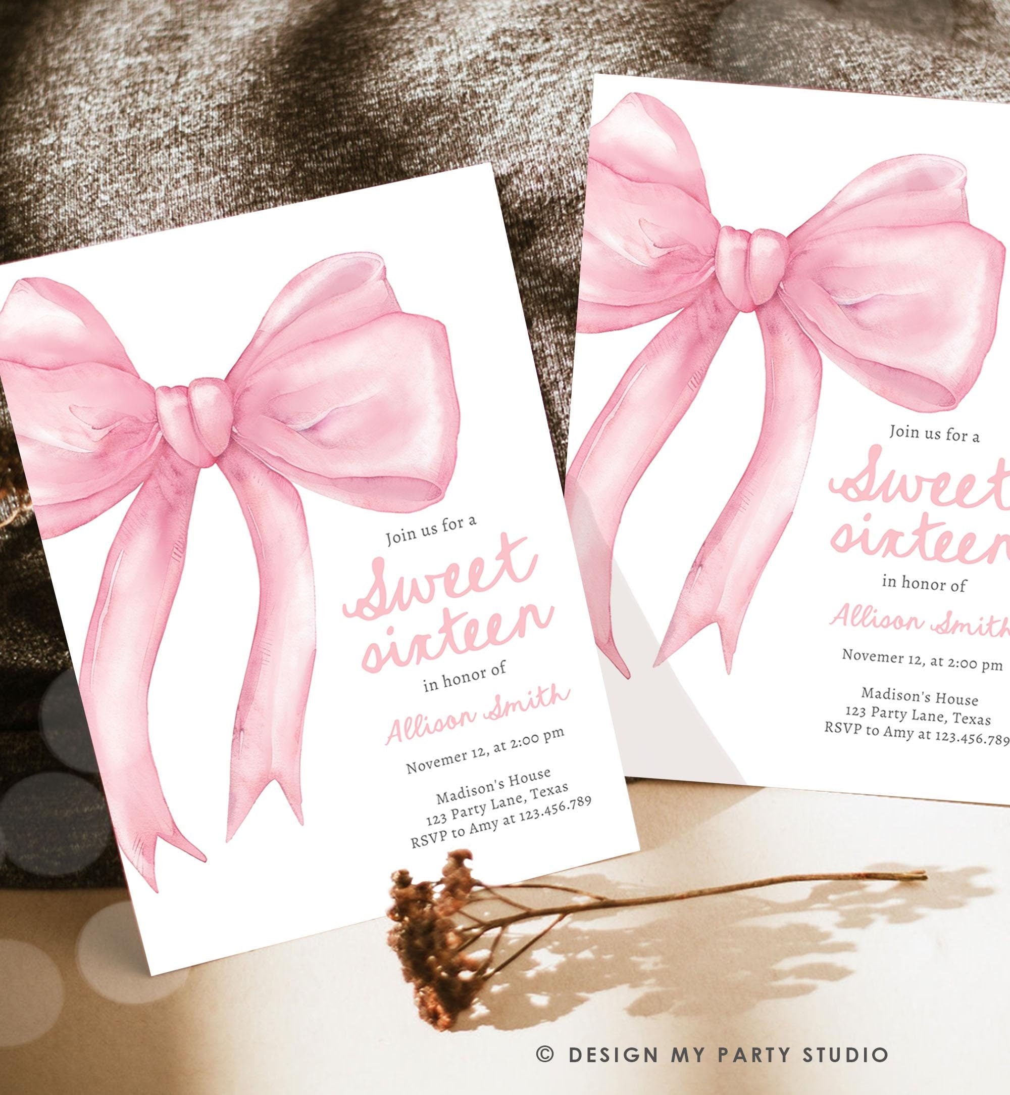 Editable Pink Bow Sweet Sixteen Birthday Invitation Elegant 16th Birth -  Design My Party Studio, image size:2000x2167