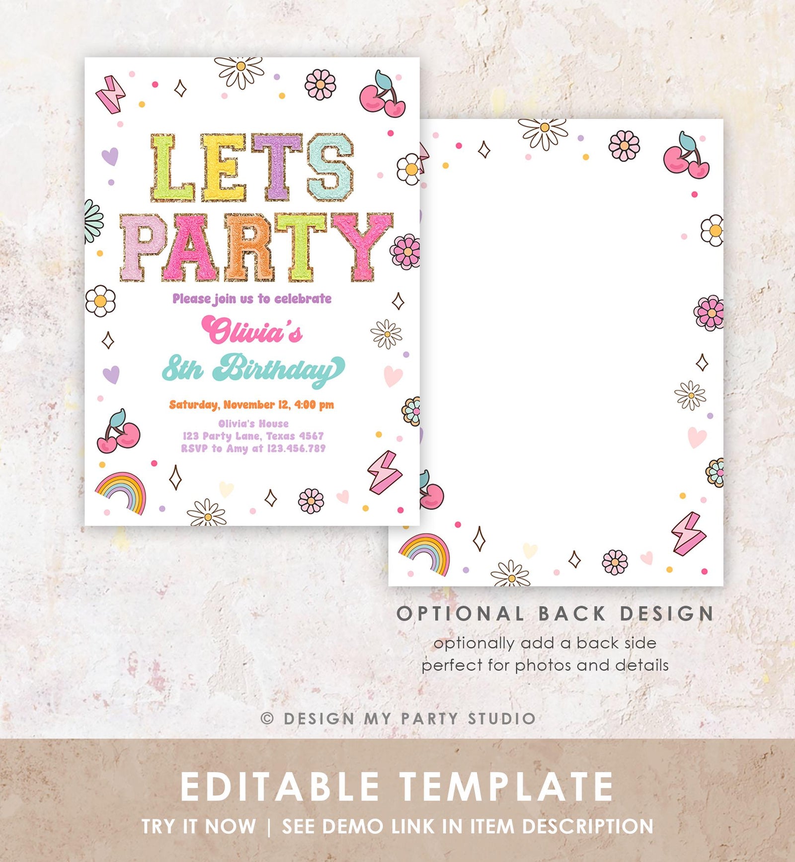 Editable Patch Letters Birthday Party Invitation Varsity Fashion Glitter Preppy Party Let's Party Teen Download Template Evite Digital 0528