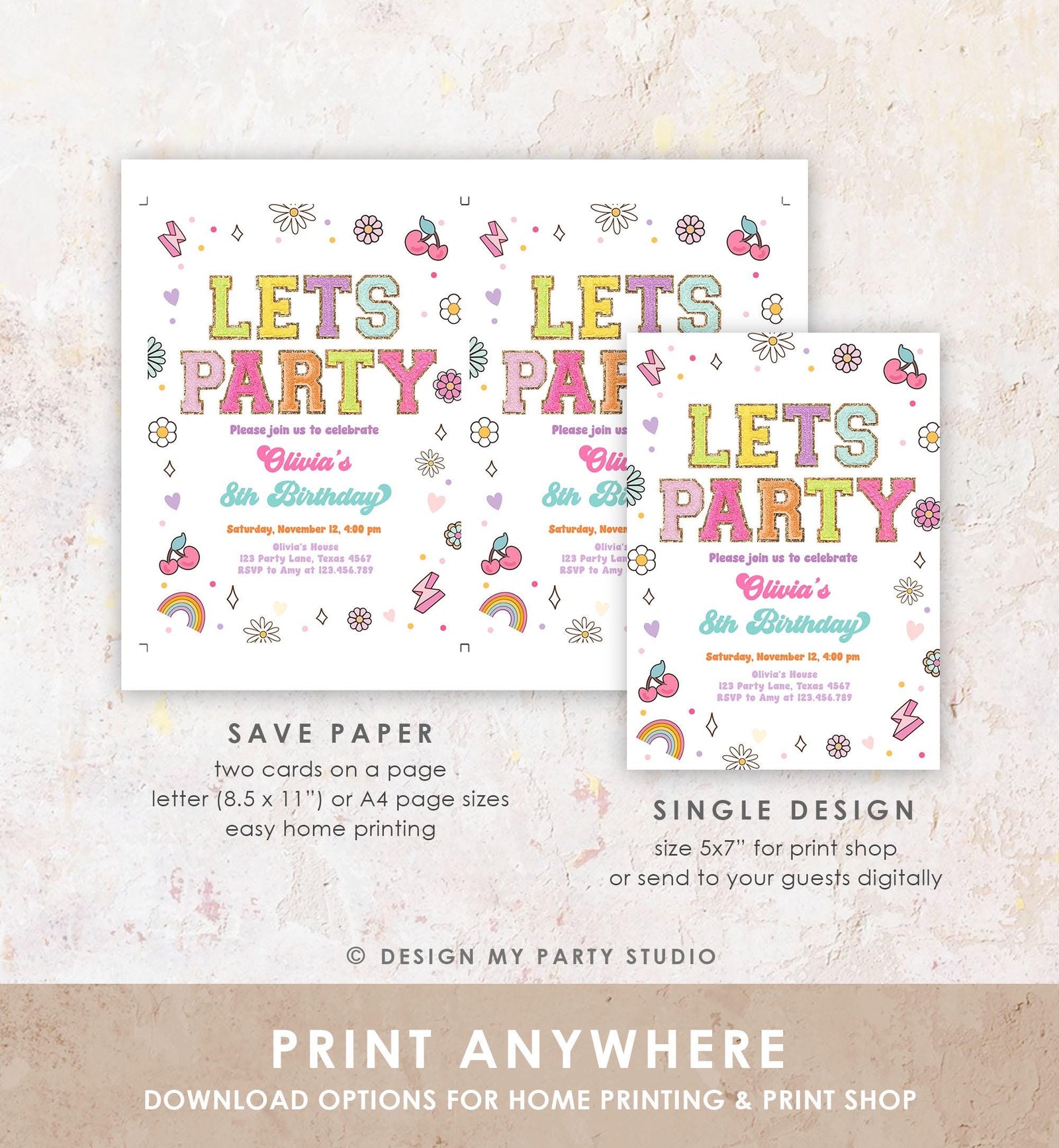 Editable Patch Letters Birthday Party Invitation Varsity Fashion Glitter Preppy Party Let's Party Teen Download Template Evite Digital 0528