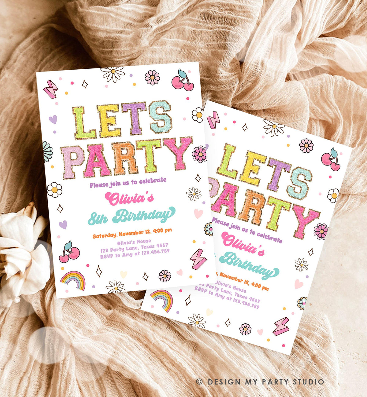 Editable Patch Letters Birthday Party Invitation Varsity Fashion Glitter Preppy Party Let's Party Teen Download Template Evite Digital 0528