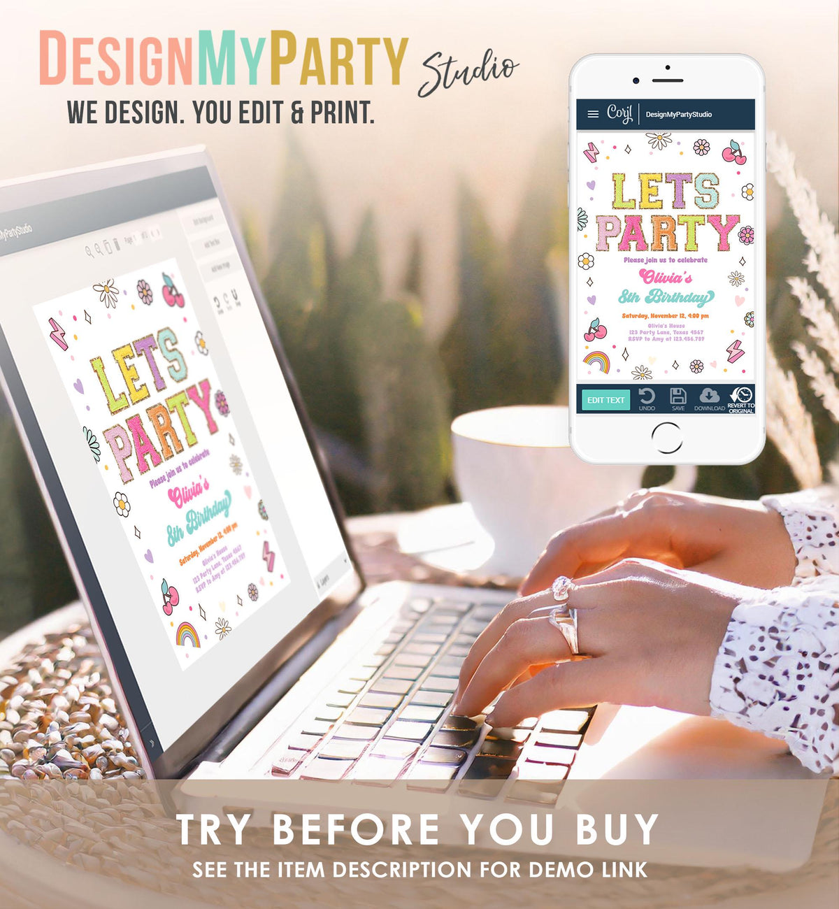Editable Patch Letters Birthday Party Invitation Varsity Fashion Glitter Preppy Party Let's Party Teen Download Template Evite Digital 0528