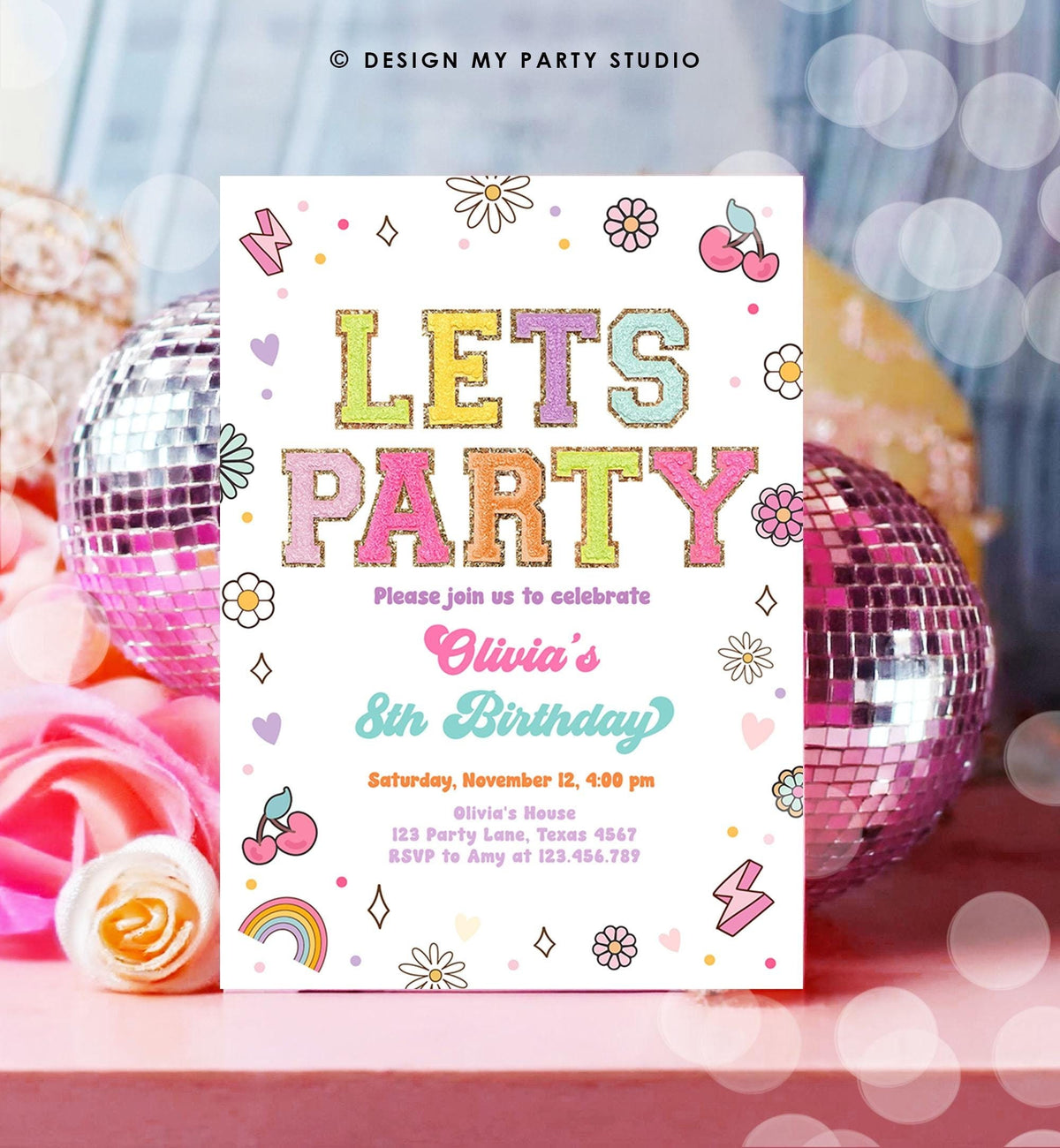Editable Patch Letters Birthday Party Invitation Varsity Fashion Glitter Preppy Party Let's Party Teen Download Template Evite Digital 0528