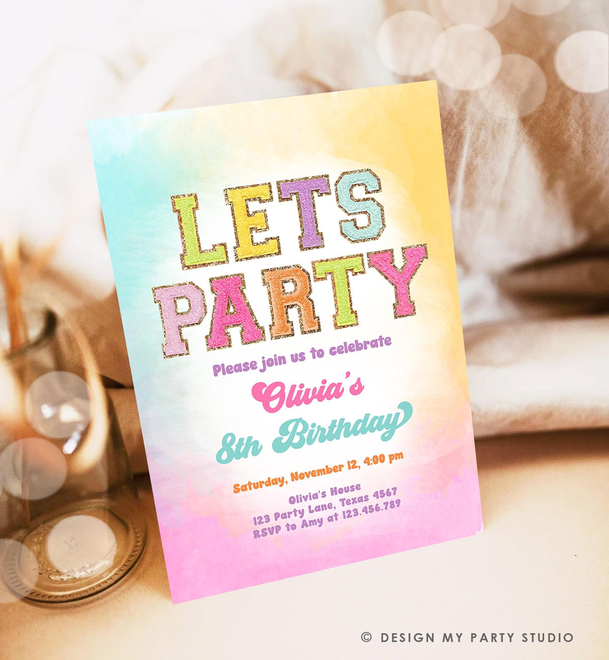 Editable Patch Letters Birthday Party Invitation Varsity Fashion Glitter Preppy Party Let's Party Teen Download Template Evite Digital 0528