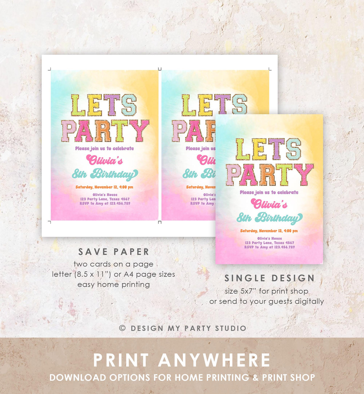 Editable Patch Letters Birthday Party Invitation Varsity Fashion Glitter Preppy Party Let's Party Teen Download Template Evite Digital 0528