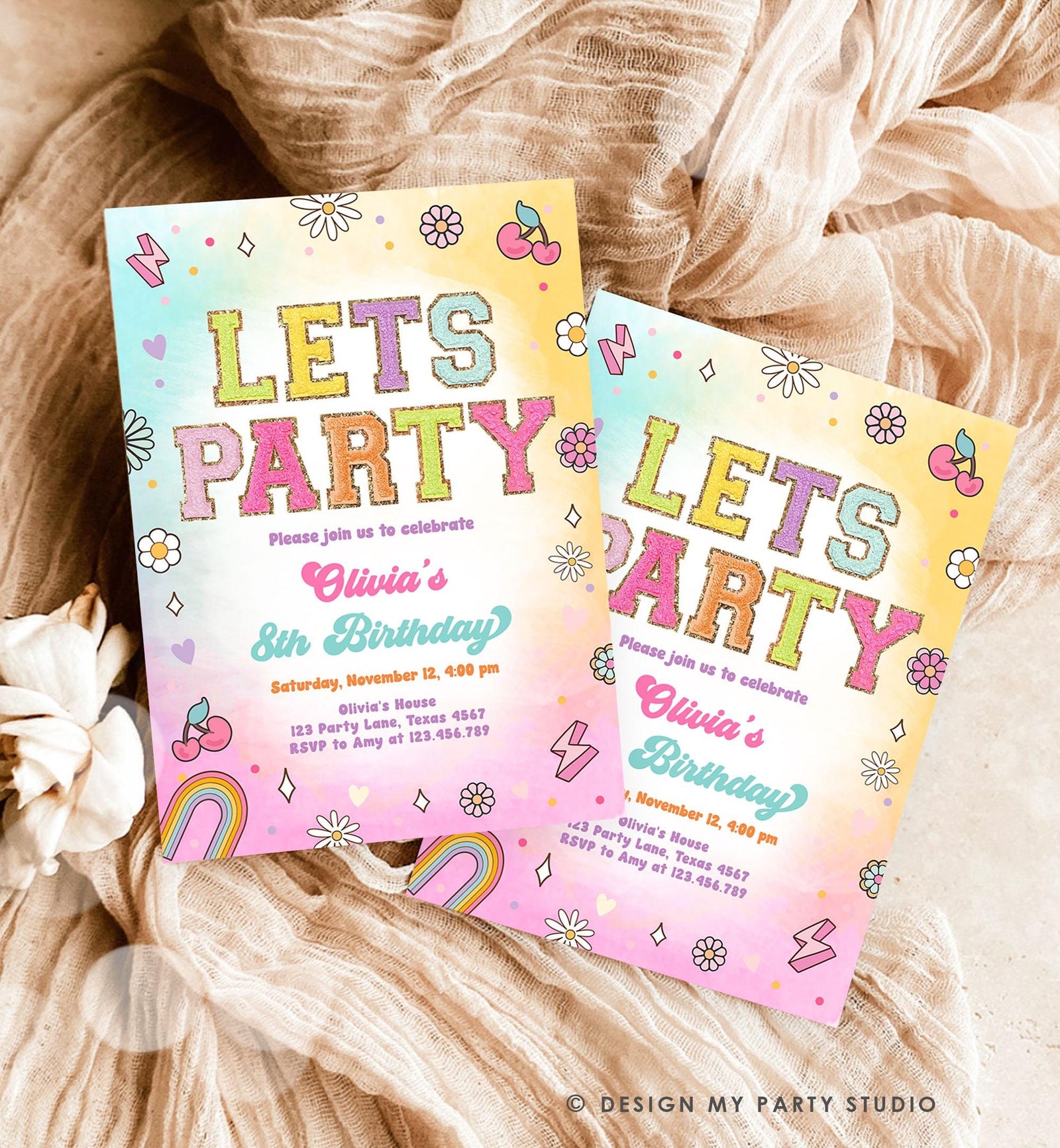 Editable Patch Letters Birthday Party Invitation Varsity Fashion Glitter Preppy Party Let's Party Teen Download Template Evite Digital 0528