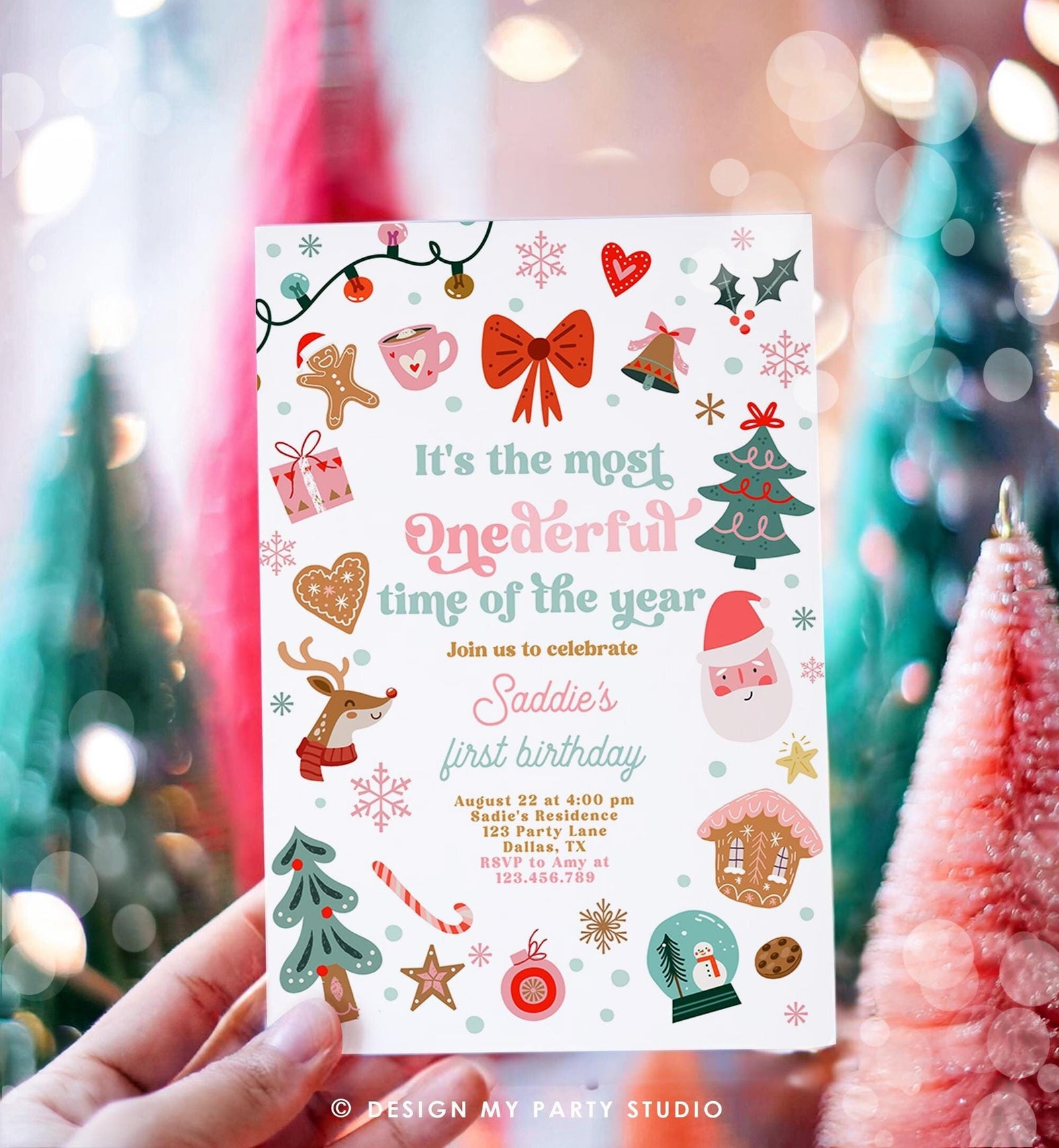 Editable It's the Most ONEderful Time of The Year Birthday Invitation Red and Pink Girl 1st Birthday Evite Template Download Printable 0529