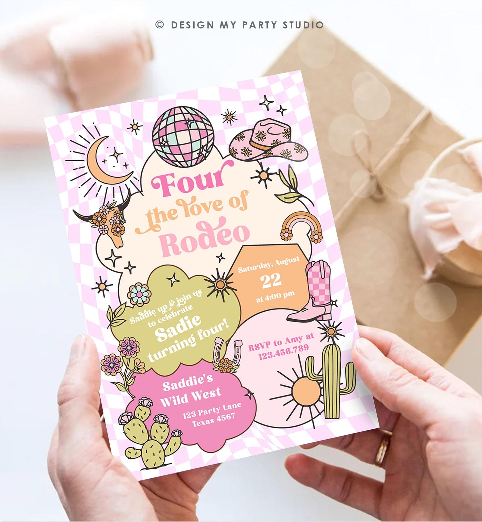 Editable Four the Love of Rodeo Birthday Invitation Cowgirl Disco Pink Cowgirl Party Wild Nashville Download Printable Template Evite 0519