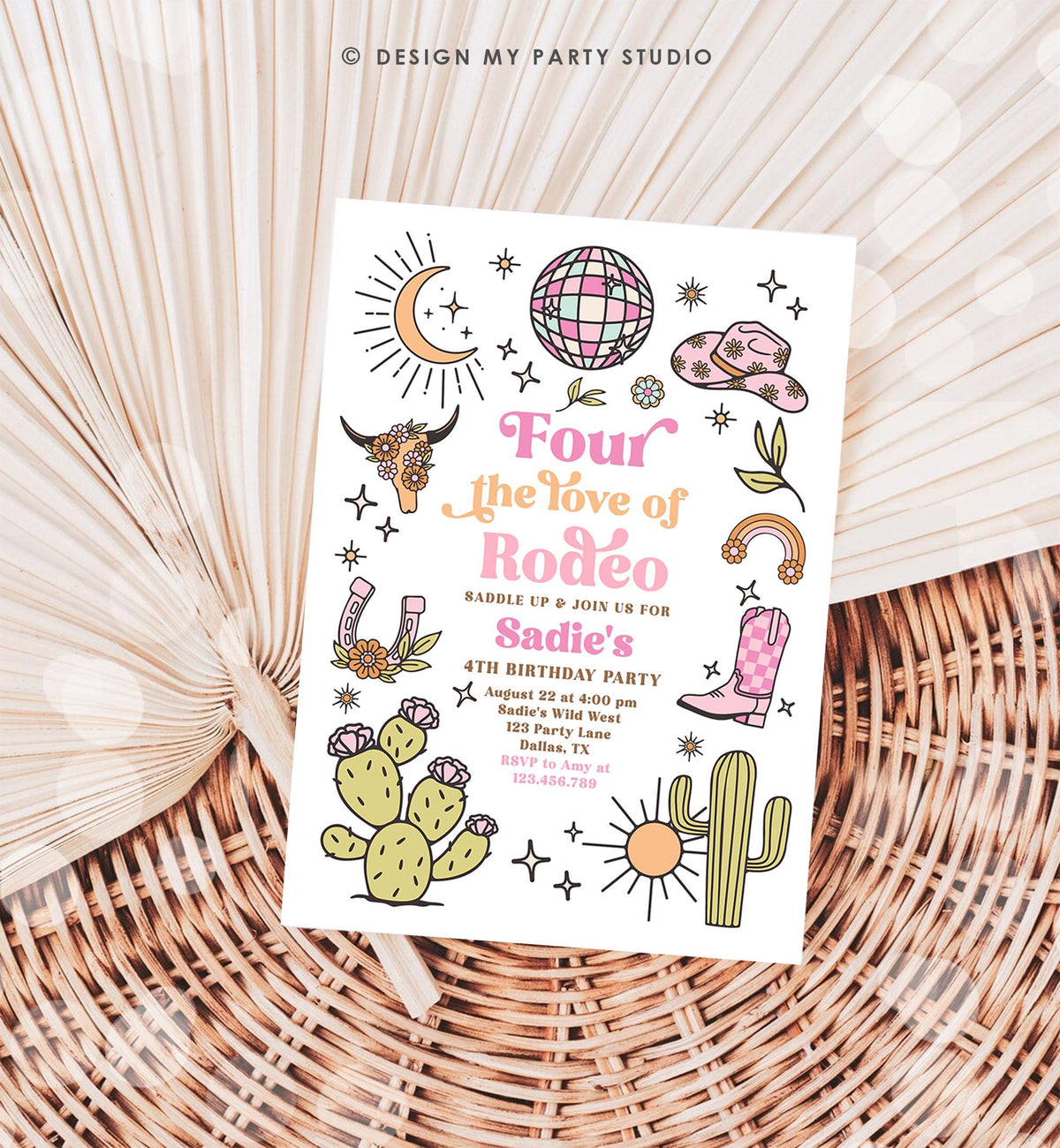 Editable Four the Love of Rodeo Birthday Invitation Cowgirl Disco Pink Cowgirl Party Wild Nashville Download Printable Template Evite 0519