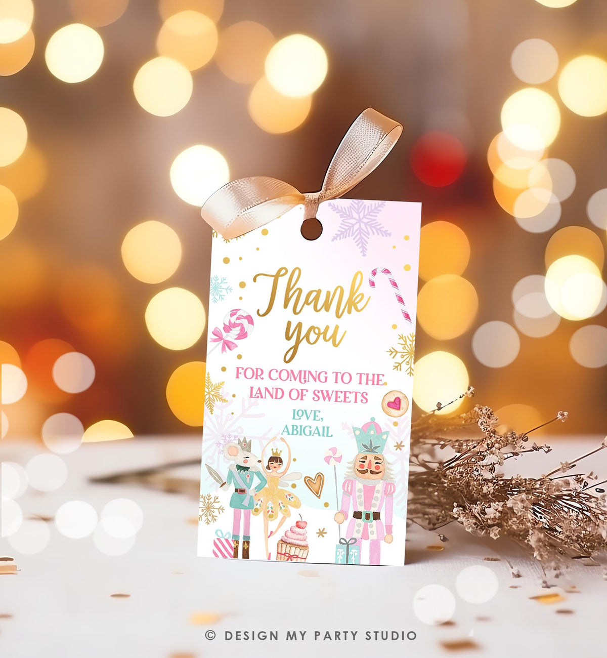 Editable Nutcracker Favor Tag Girl Birthday Land of Sweets Thank You Sugar Plum Fairy Christmas Winter Pink Digital Template Printable 0352