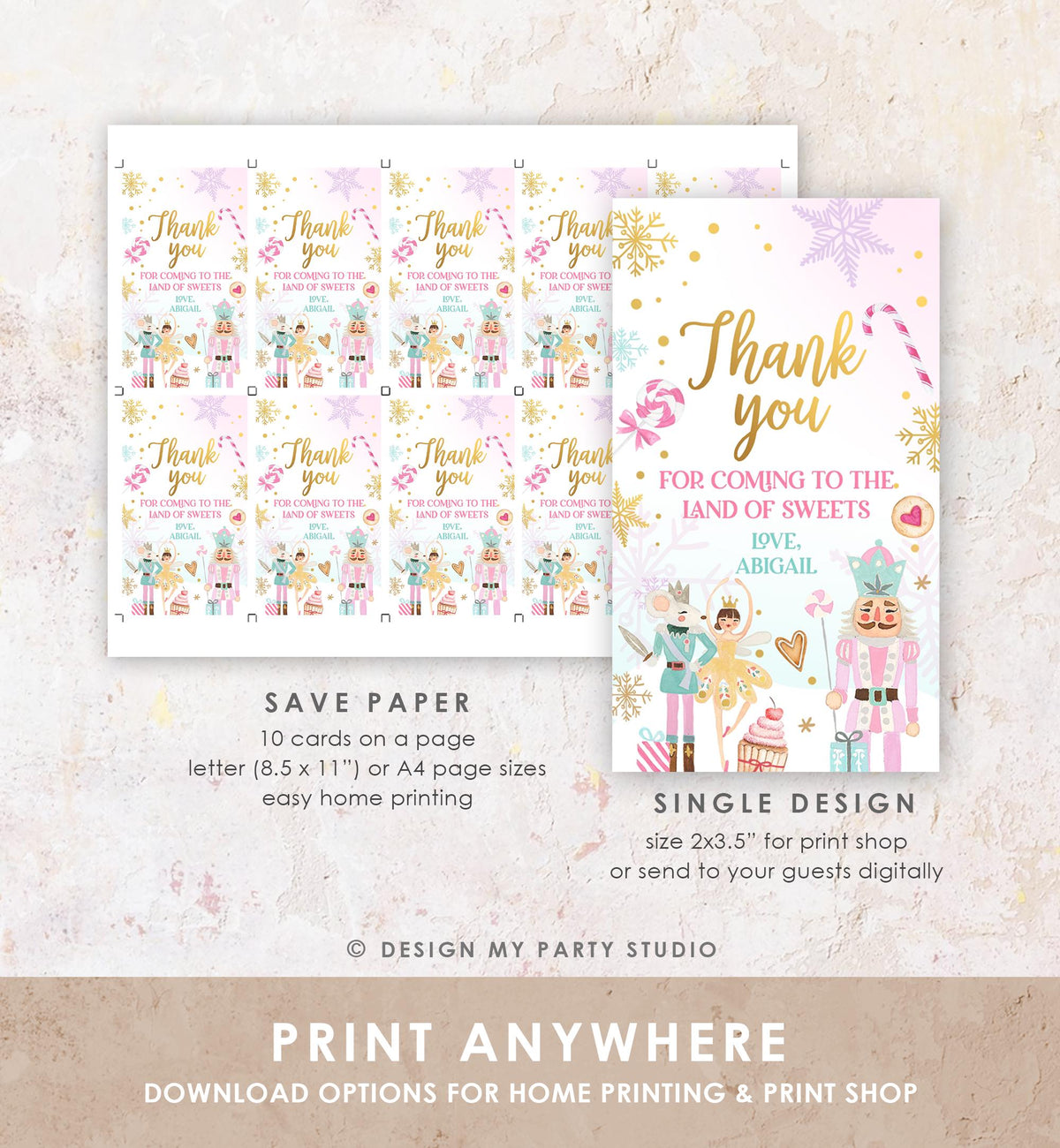Editable Nutcracker Favor Tag Girl Birthday Land of Sweets Thank You Sugar Plum Fairy Christmas Winter Pink Digital Template Printable 0352