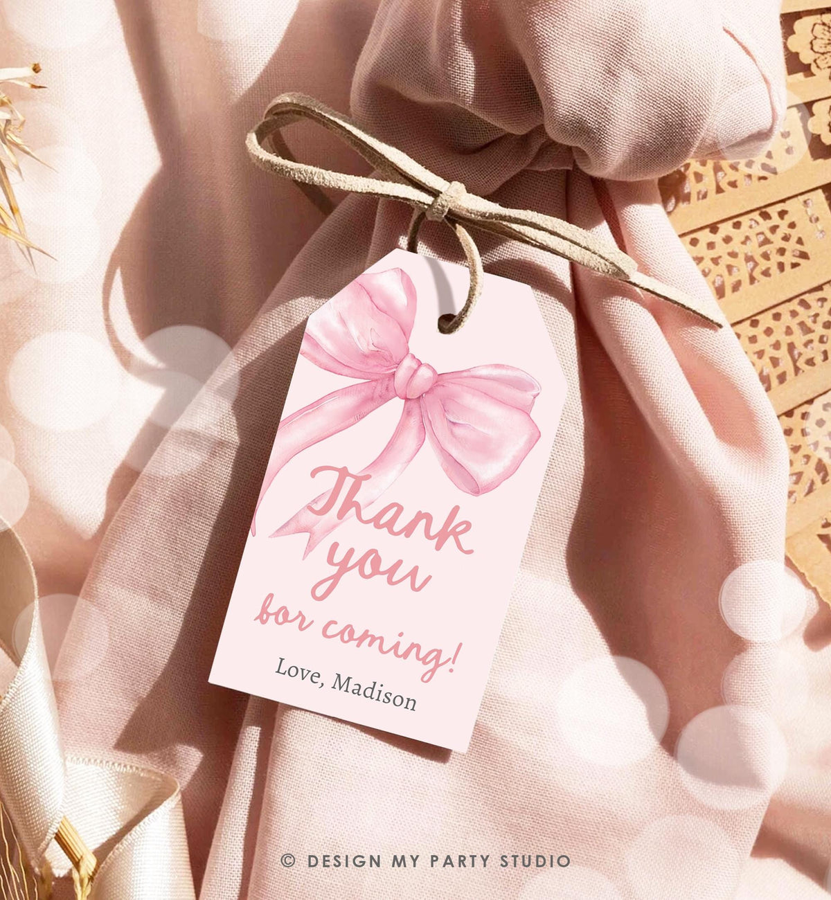 Editable Pink Bow Favor Tag Ribbon Birthday Baby Shower Thank You Gift Girl Preppy Coquette Watercolor Digital Template Printable 0527