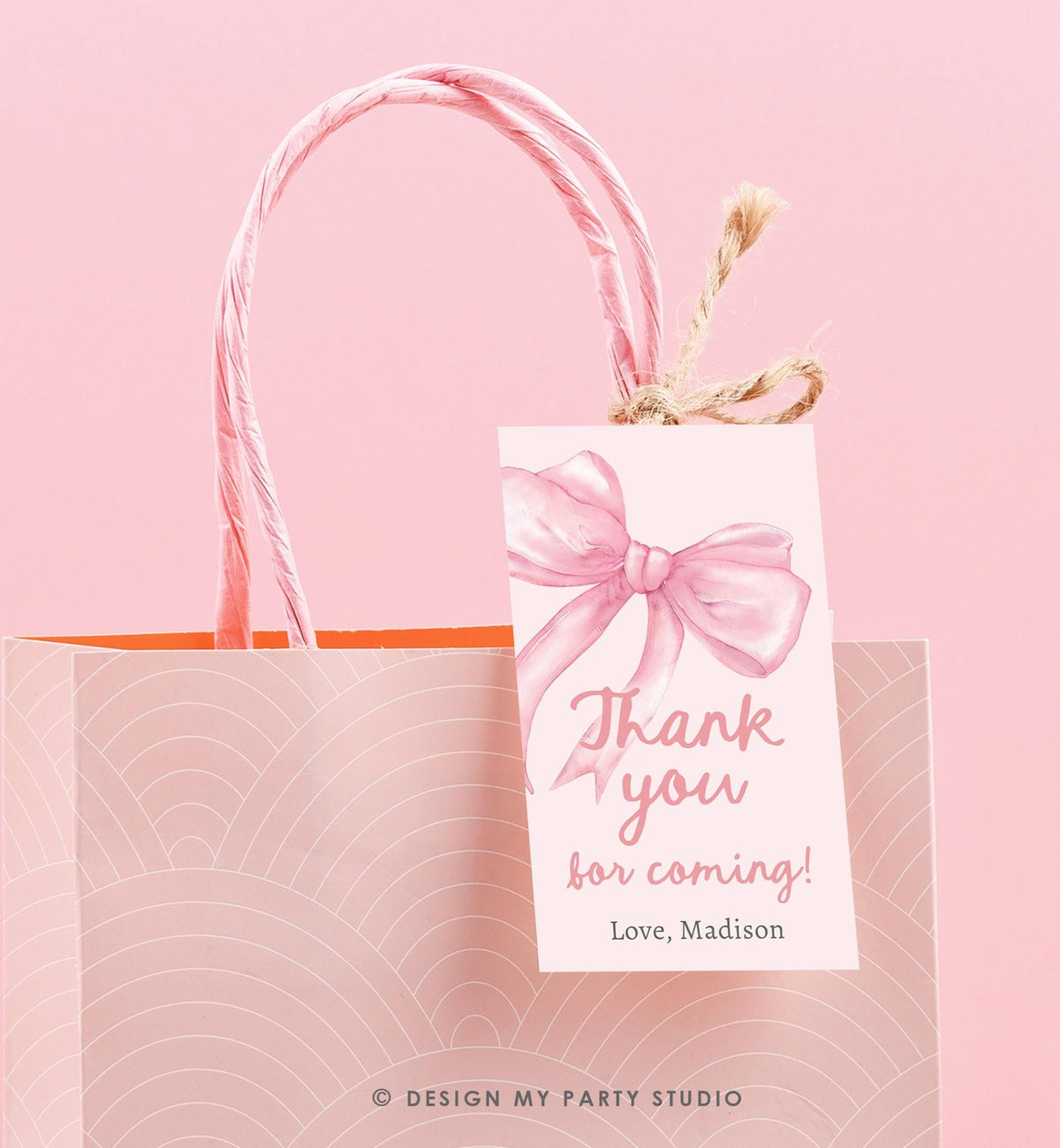 Editable Pink Bow Favor Tag Ribbon Birthday Baby Shower Thank You Gift Girl Preppy Coquette Watercolor Digital Template Printable 0527