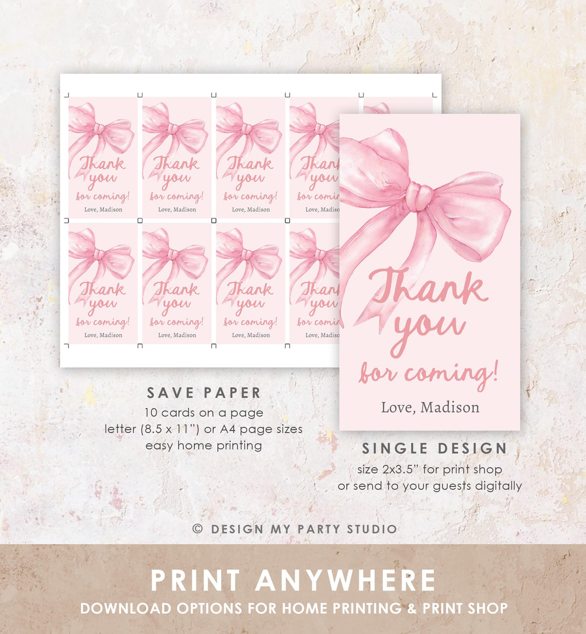 Editable Pink Bow Favor Tag Ribbon Birthday Baby Shower Thank You Gift Girl Preppy Coquette Watercolor Digital Template Printable 0527