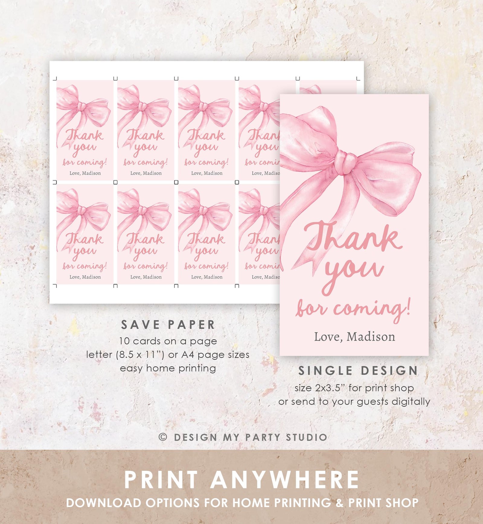 Editable Pink Bow Favor Tag Ribbon Birthday Baby Shower Thank You Gift Girl Preppy Coquette Watercolor Digital Template Printable 0527