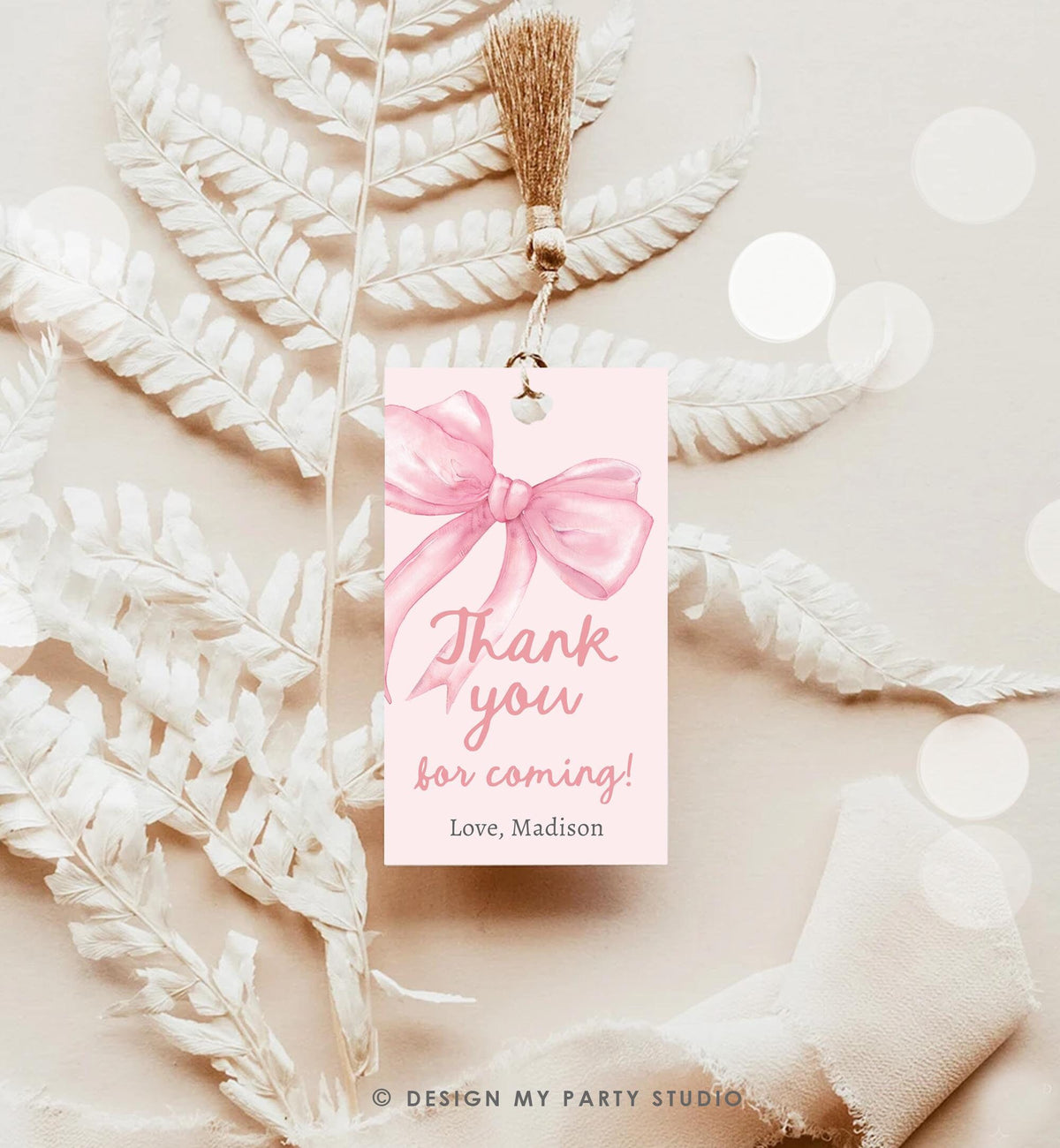 Editable Pink Bow Favor Tag Ribbon Birthday Baby Shower Thank You Gift Girl Preppy Coquette Watercolor Digital Template Printable 0527