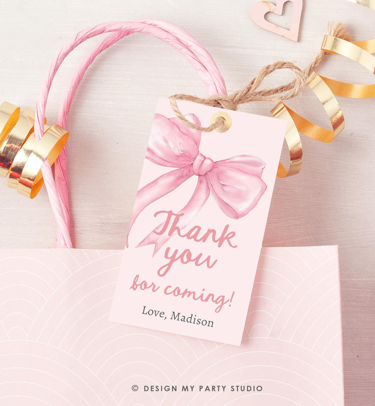 Editable Pink Bow Favor Tag Ribbon Birthday Baby Shower Thank You Gift Girl Preppy Coquette Watercolor Digital Template Printable 0527