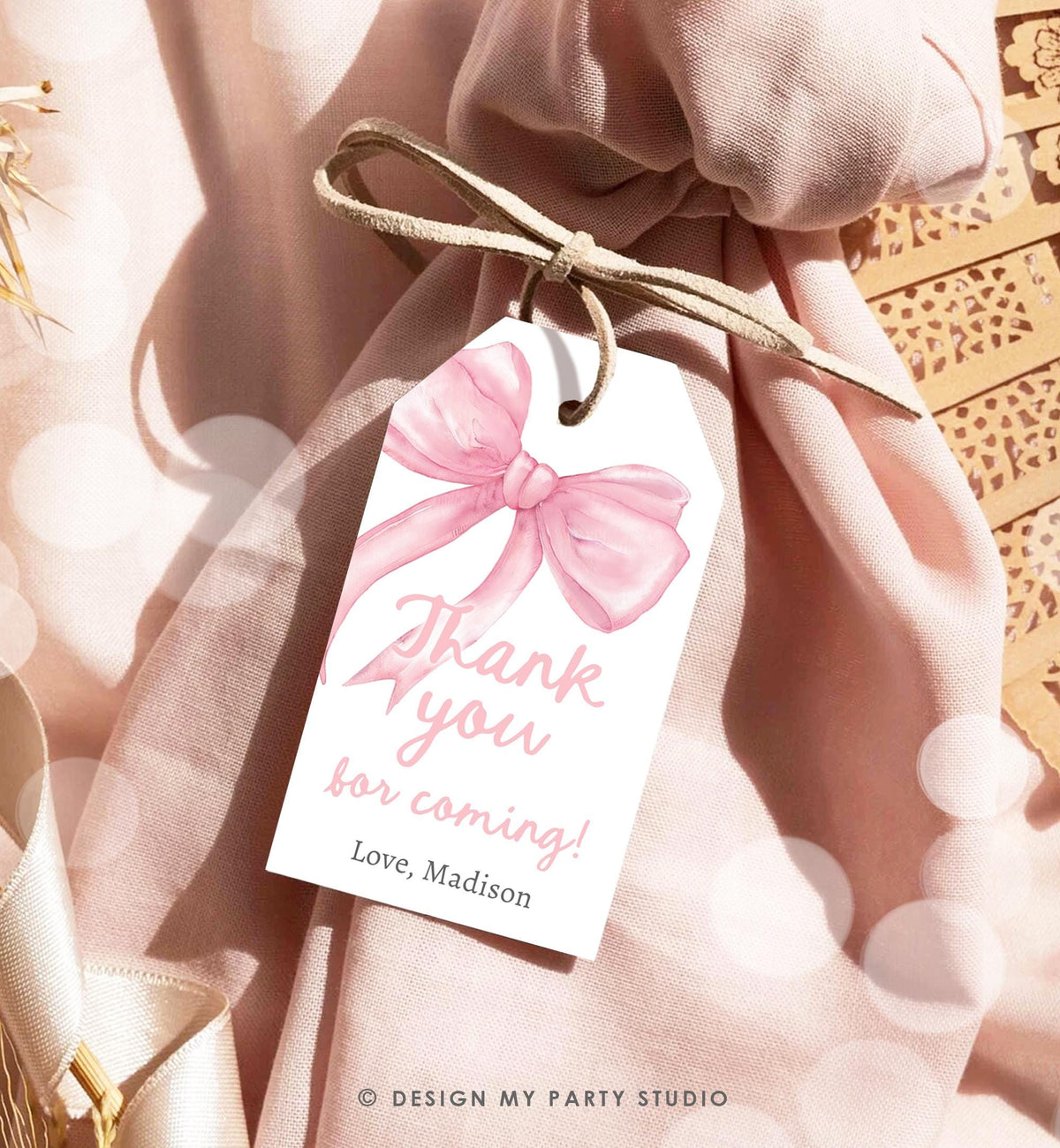 Editable Pink Bow Favor Tag Ribbon Birthday Baby Shower Thank You Gift Girl Preppy Coquette Watercolor Digital Template Printable 0527