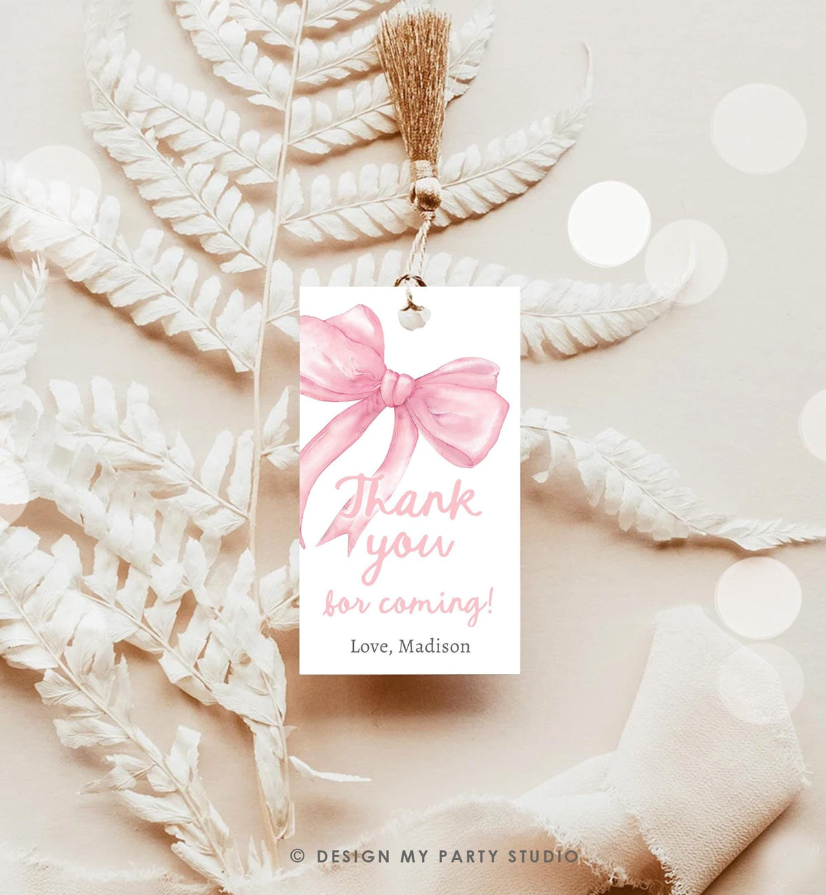 Editable Pink Bow Favor Tag Ribbon Birthday Baby Shower Thank You Gift Girl Preppy Coquette Watercolor Digital Template Printable 0527