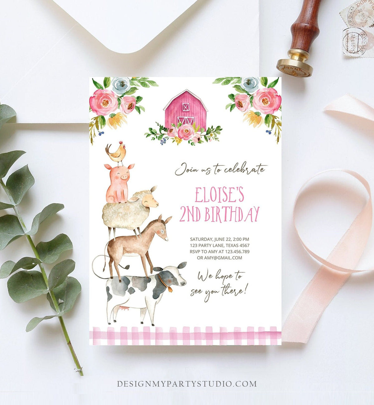 Editable Farm Animals Birthday Invitation Girl Party Animals Pink Floral Barnyard Party Digital Download Evite Template Printable 0155