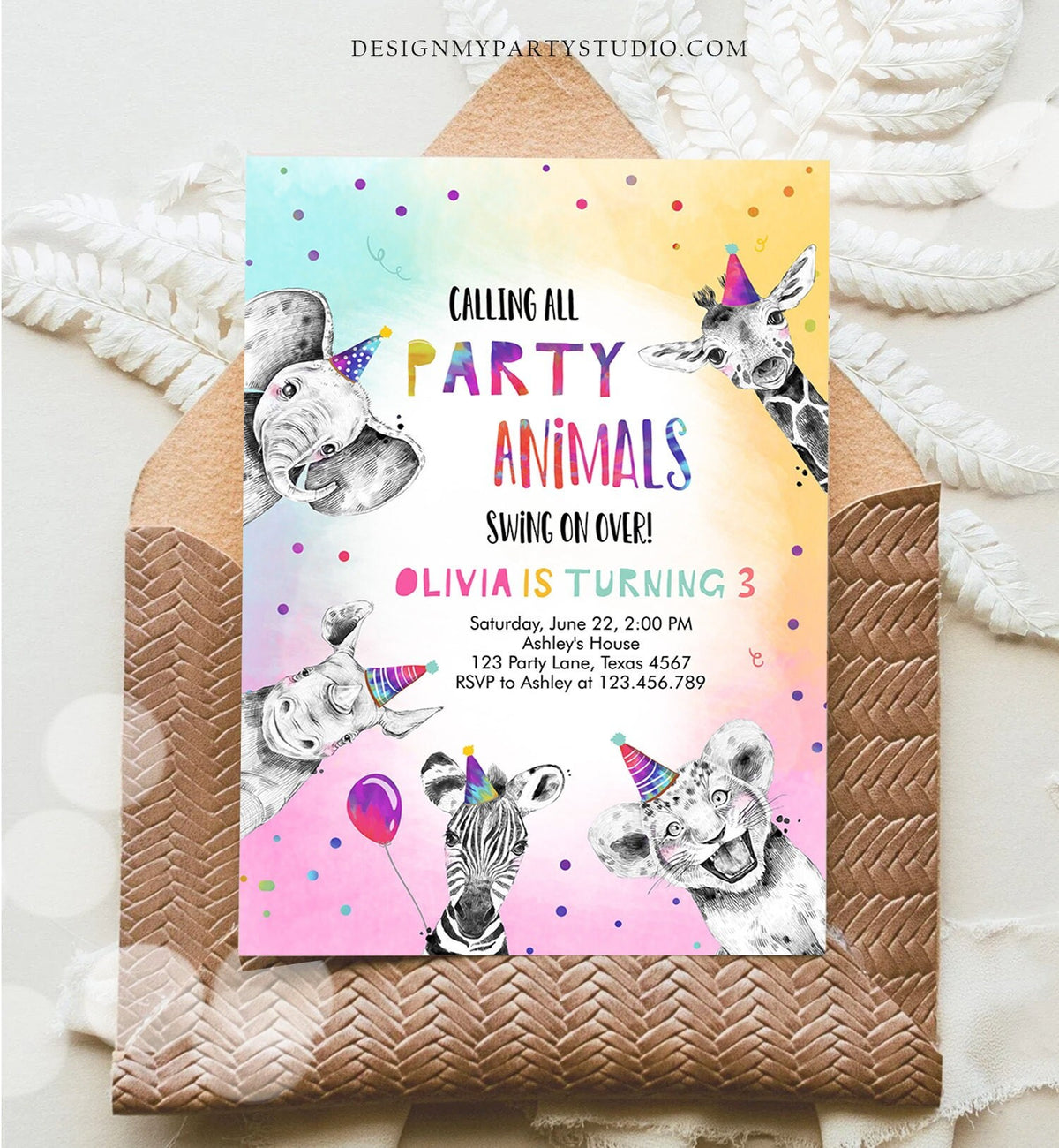 Editable Party Animals Birthday Invitation Wild One Animals Invitation Zoo Safari Animals Girl Digital Download Template Printable 0486