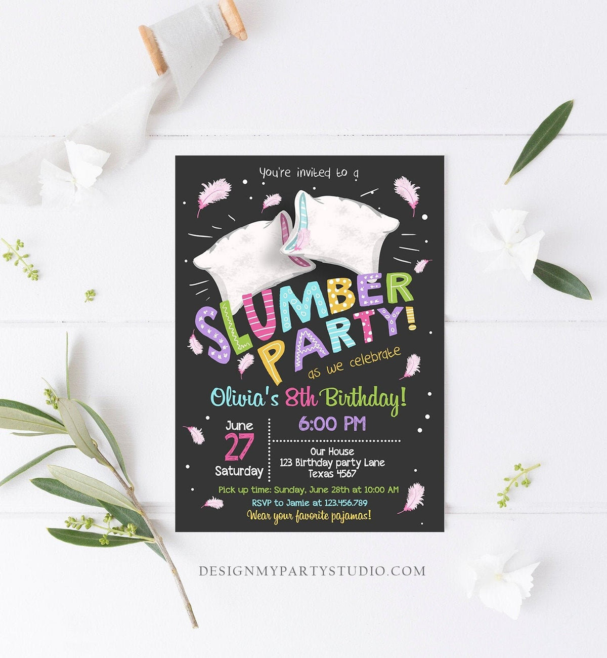 Editable Slumber Party Birthday Invitation Sleepover Pajamas Pillow Fight Chalk Pink Girl Digital Download Evite Template Printable 0067