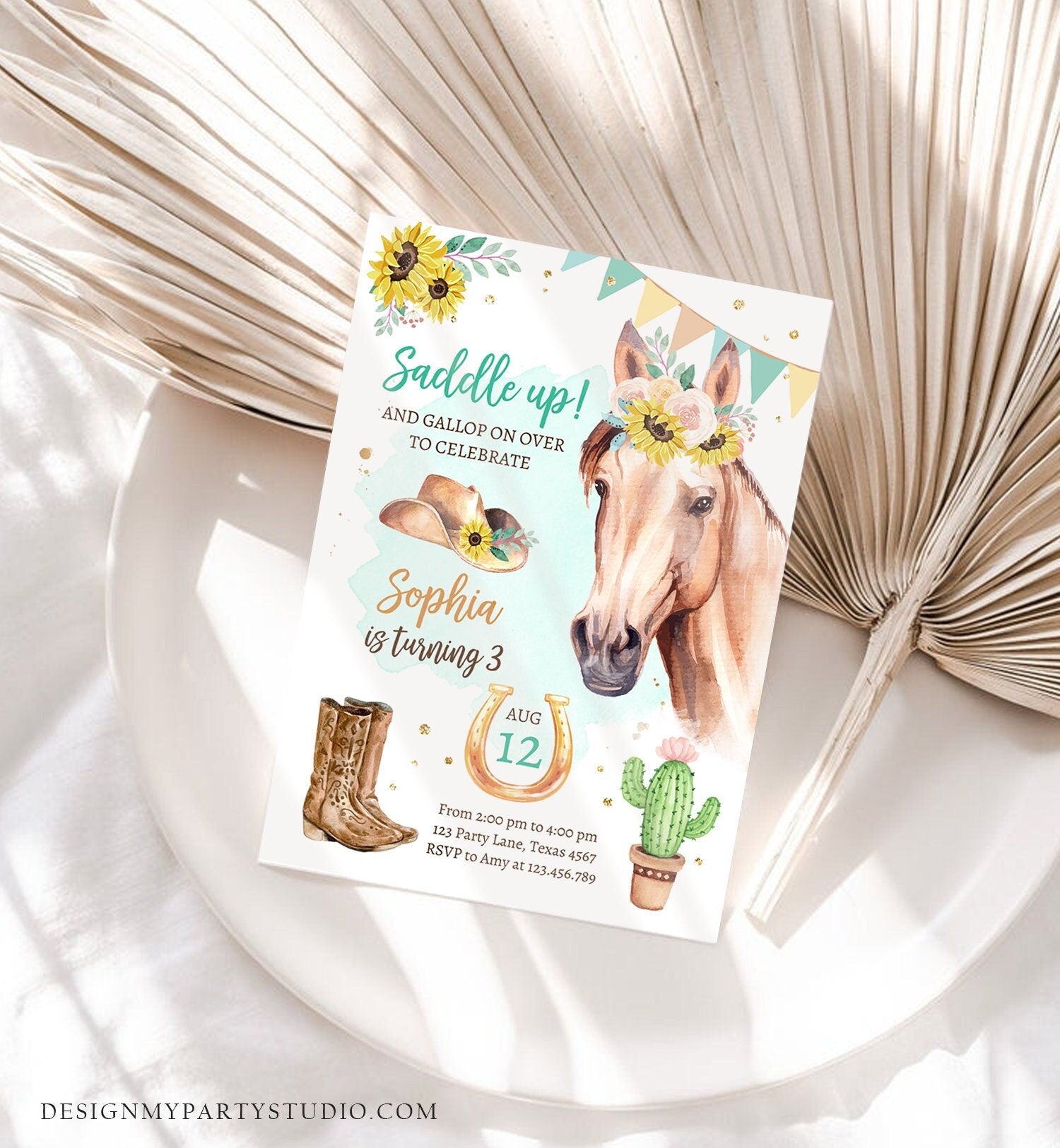 Editable Cowgirl Birthday Invitation Girl Saddle Up Watercolor Horse Party Birthday Sunflowers Digital Download Template Printable 0398