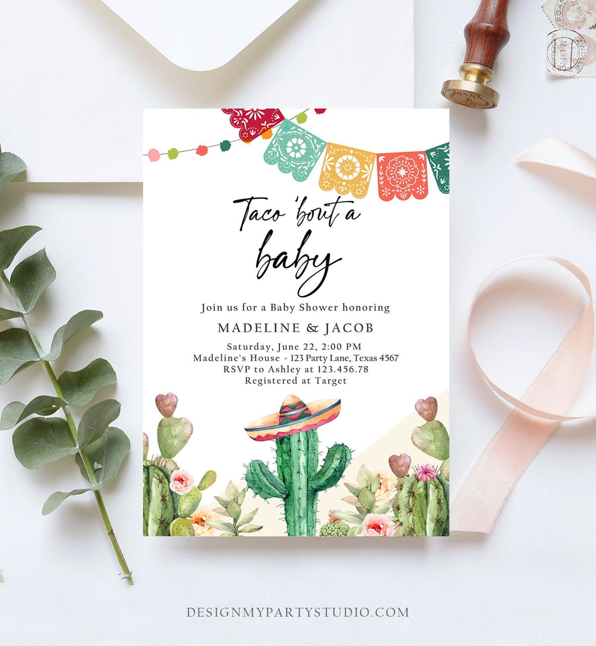 Editable Taco Bout a Baby Shower Invitation Cactus Mexican Fiesta Baby Shower Desert Floral Digital Download Evite Template Printable 0404