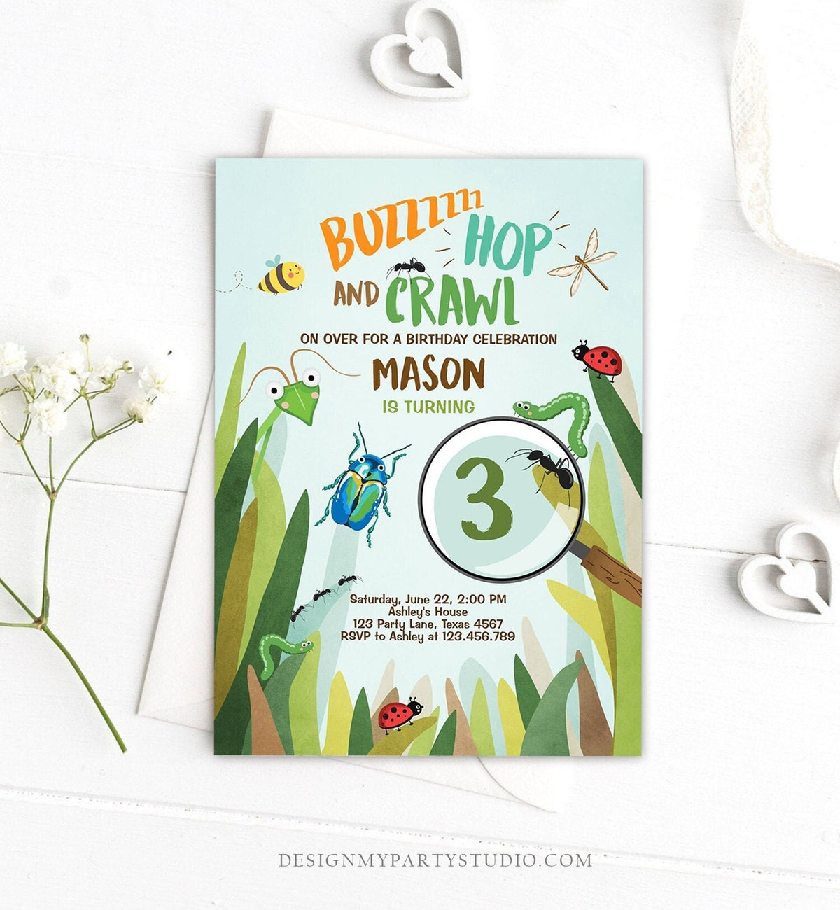 Editable Bug Birthday Invitation Insect Party Bugging Outdoor bug Hunt Bugs Boy Digital Download Corjl Template Printable 0090