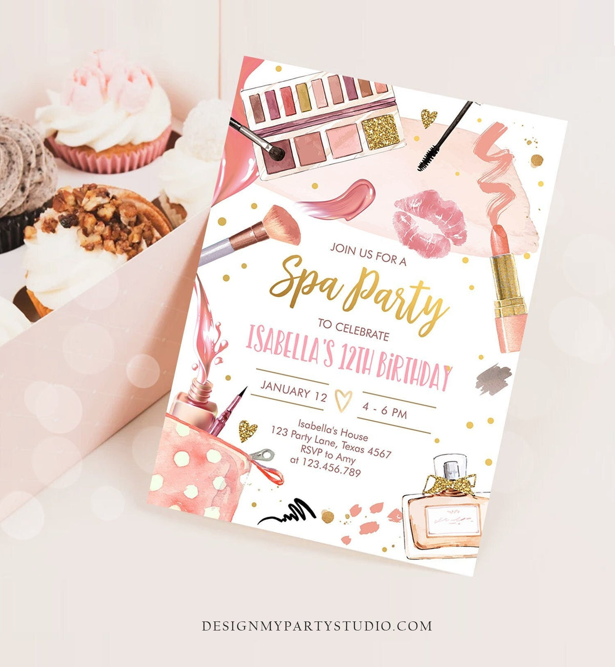 Editable Spa Makeup Birthday Invitation Glam Party Girl Birthday Tween Spa Party Pink Gold Digital Download Evite Template Printable 0420