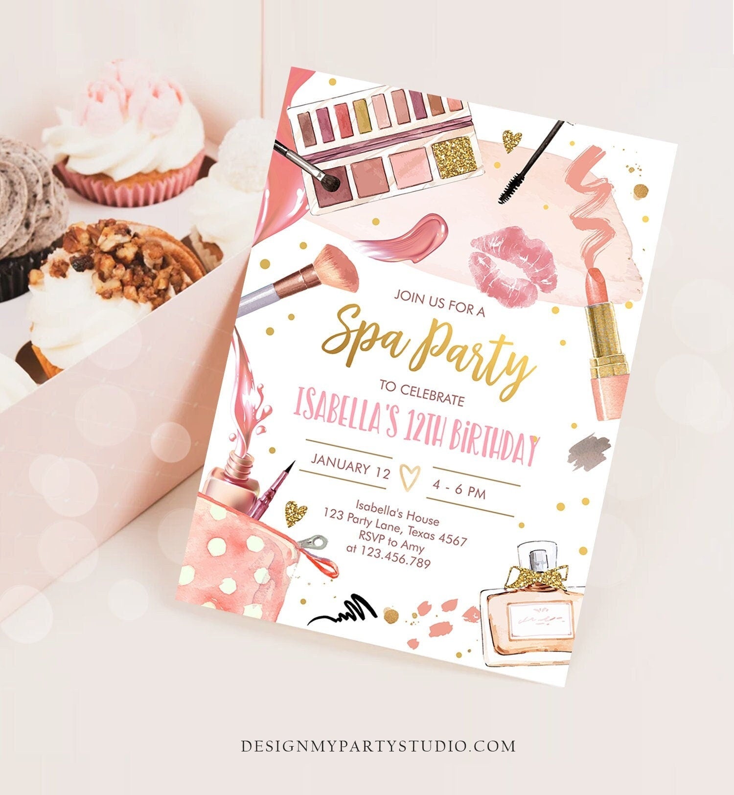 Editable Spa Makeup Birthday Invitation Glam Party Girl Birthday Tween Spa Party Pink Gold Digital Download Evite Template Printable 0420