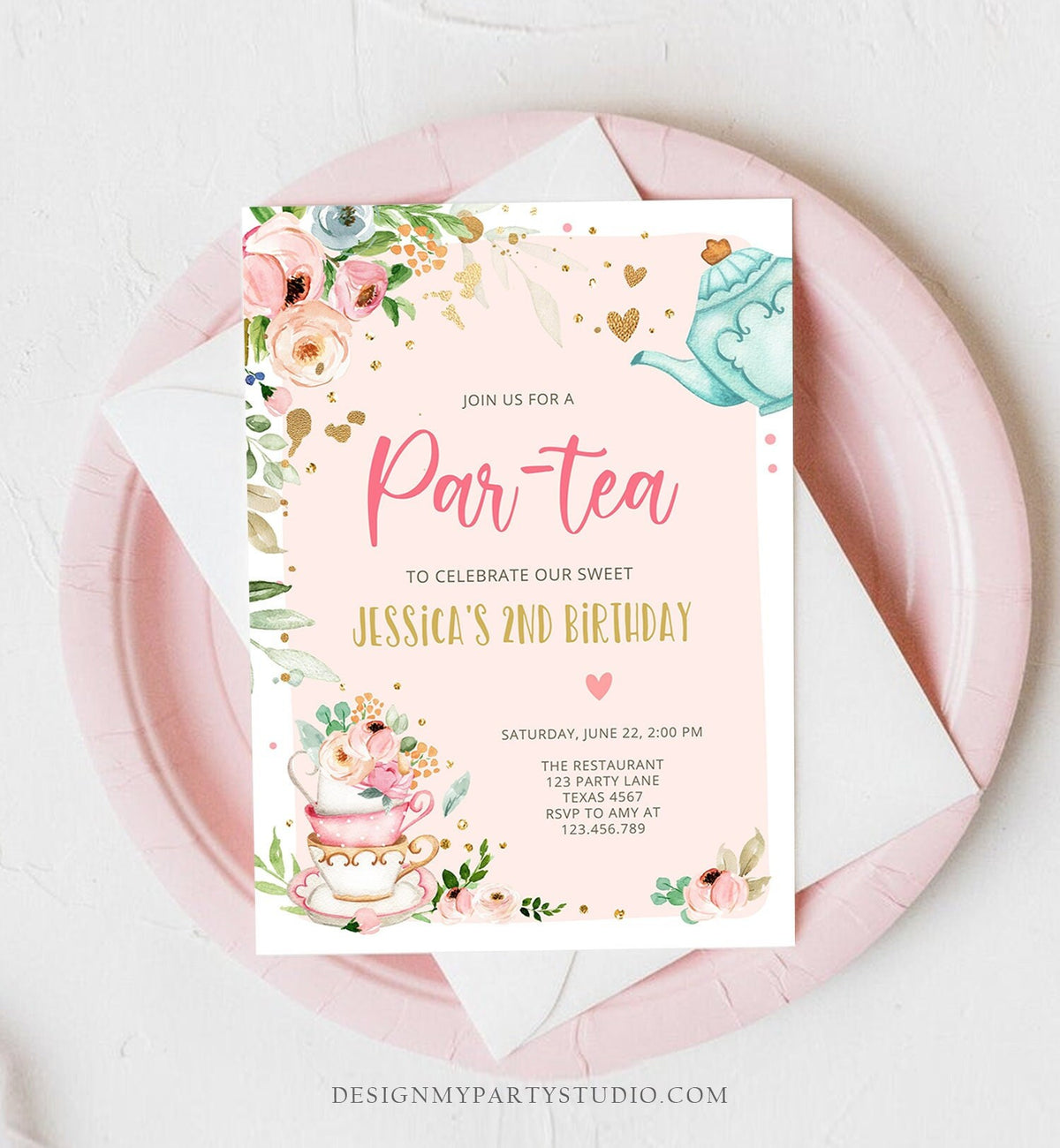 Editable Tea Party Birthday Invitation Par-Tea Birthday Invite Pink and Gold Floral Whimsical Digital Download Evite Template Printable 0349